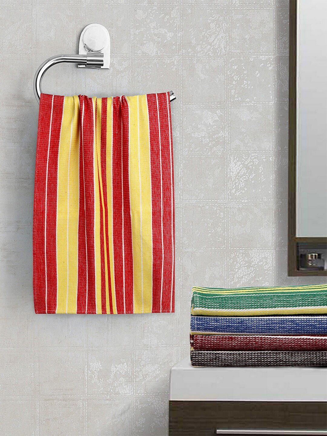KLOTTHE Unisex Set Of 5 Multicoloured Striped 300 GSM Hand Towels Price in India