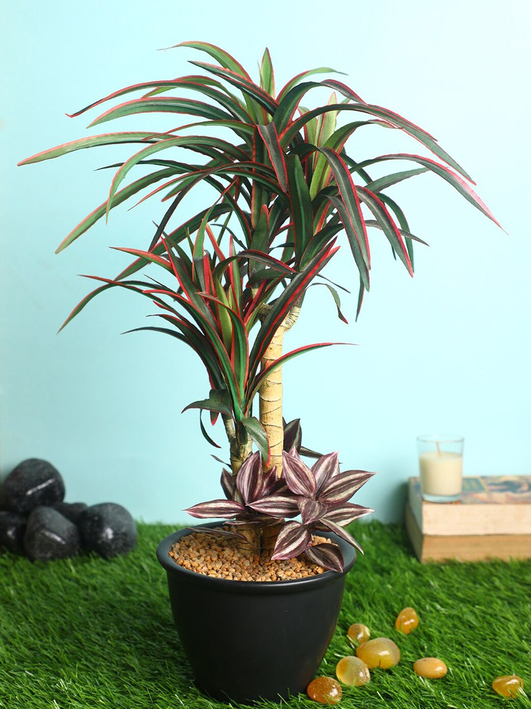 PolliNation Green & Red Stunning Artificial Yucca Bonsai with Black Ceramic Pot Price in India