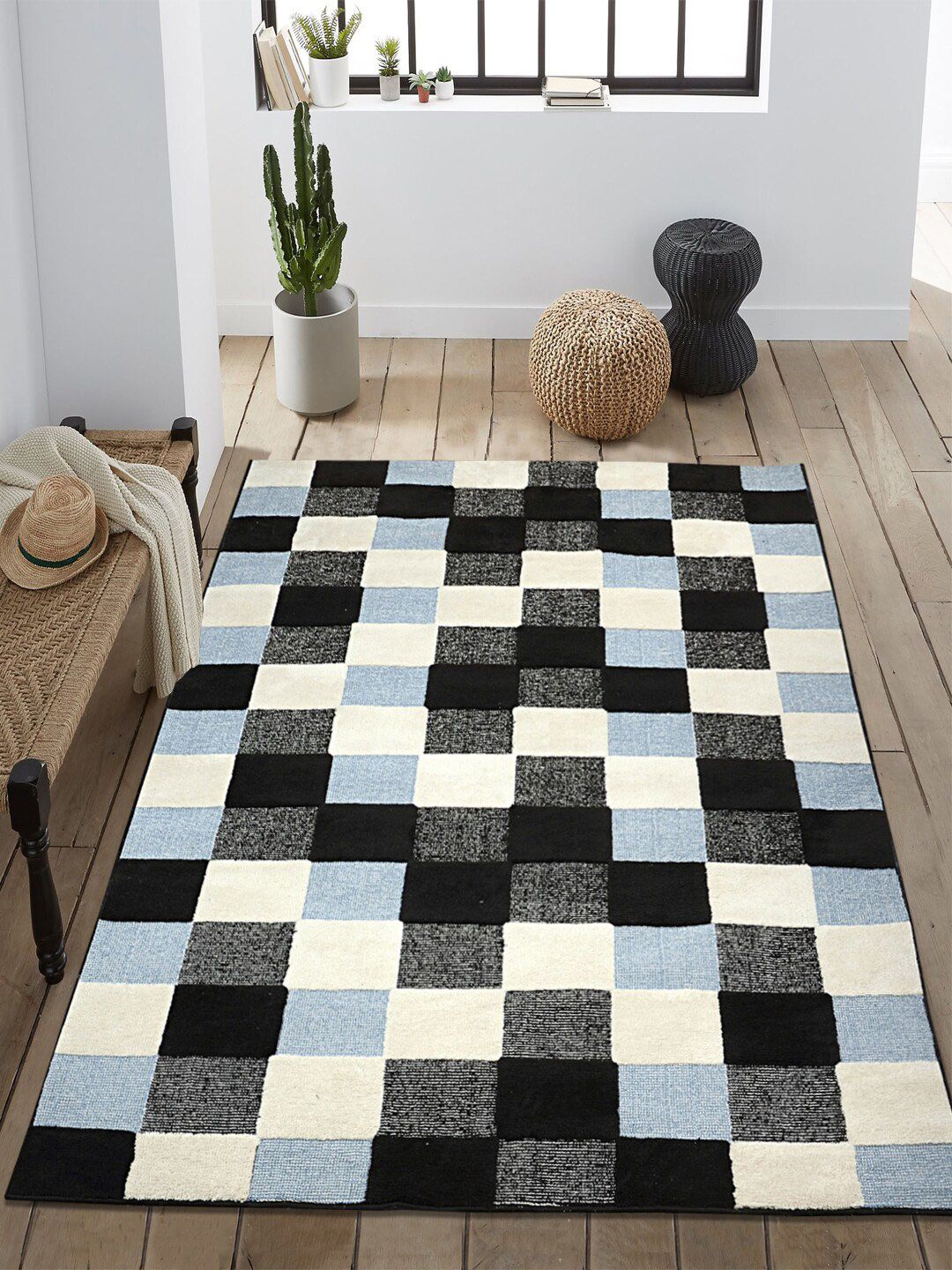 Saral Home Black & Turquoise Blue Checked Microfiber Anti-Skid Carpet Price in India