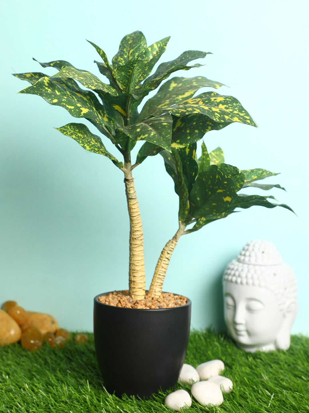 Pollination Green Decorative Artificial Croton Bonsai with Black Ceramic Pot Price in India