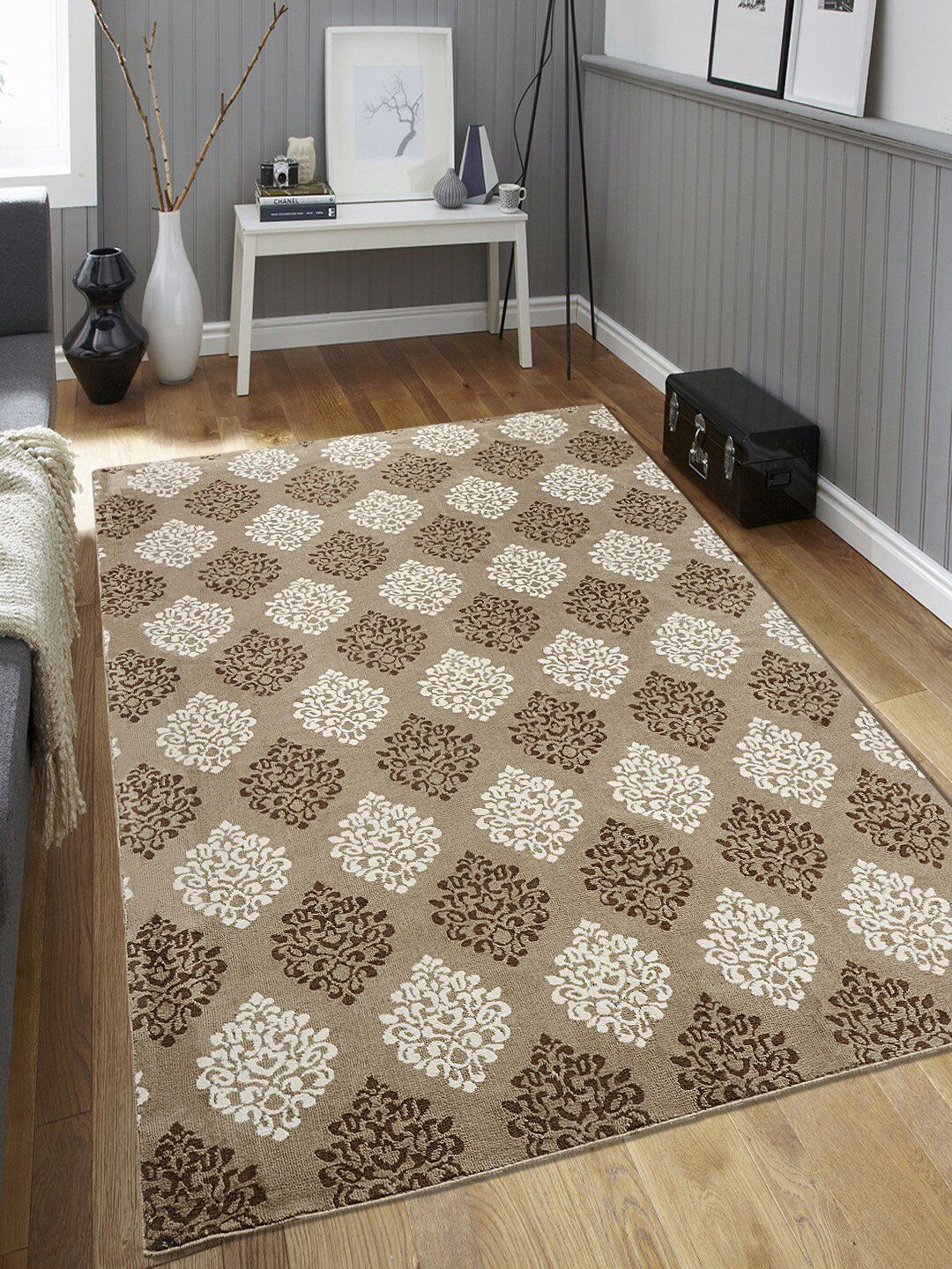 Saral Home Beige & Off-White Damask Microfibre Anti-Skid Carpet Price in India