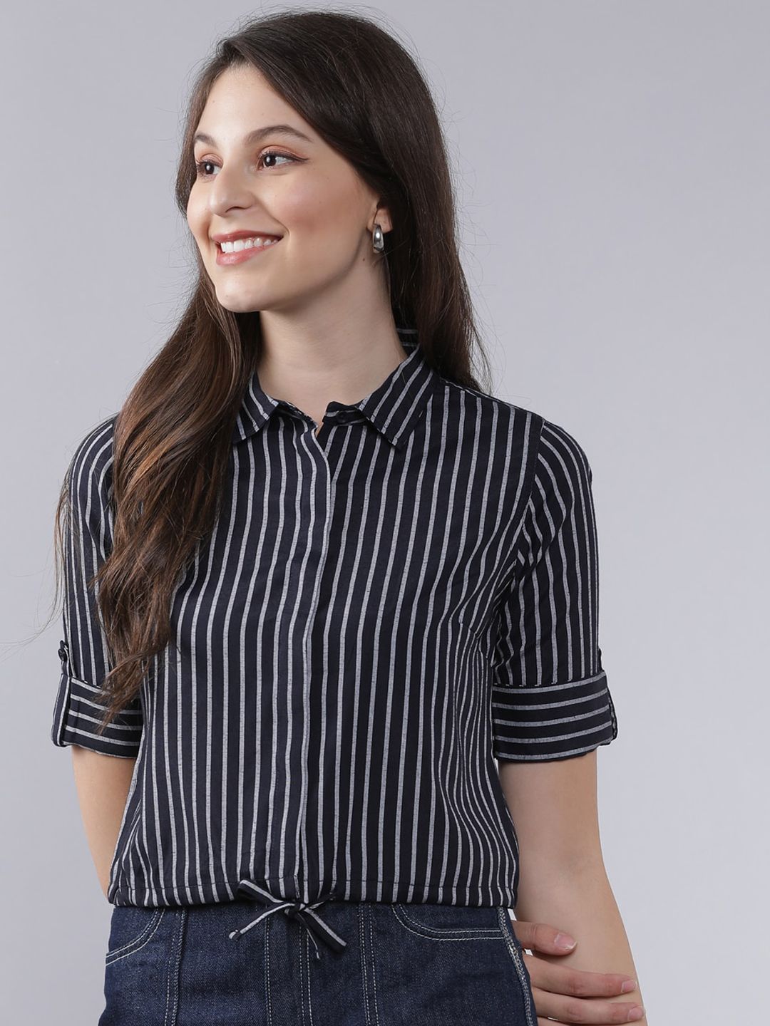 Tokyo Talkies Women Navy Blue & White Regular Fit Striped Casual Shirt