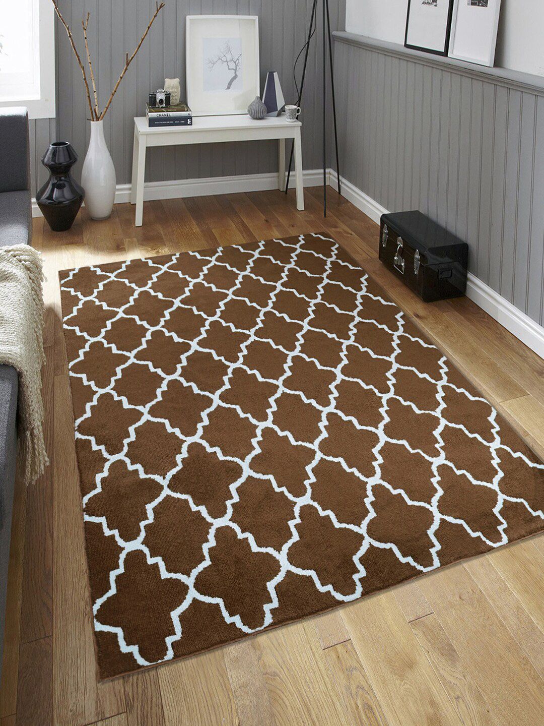 Saral Home Brown & White Geometric Ogee Designer Anti-Skid Carpet Price in India