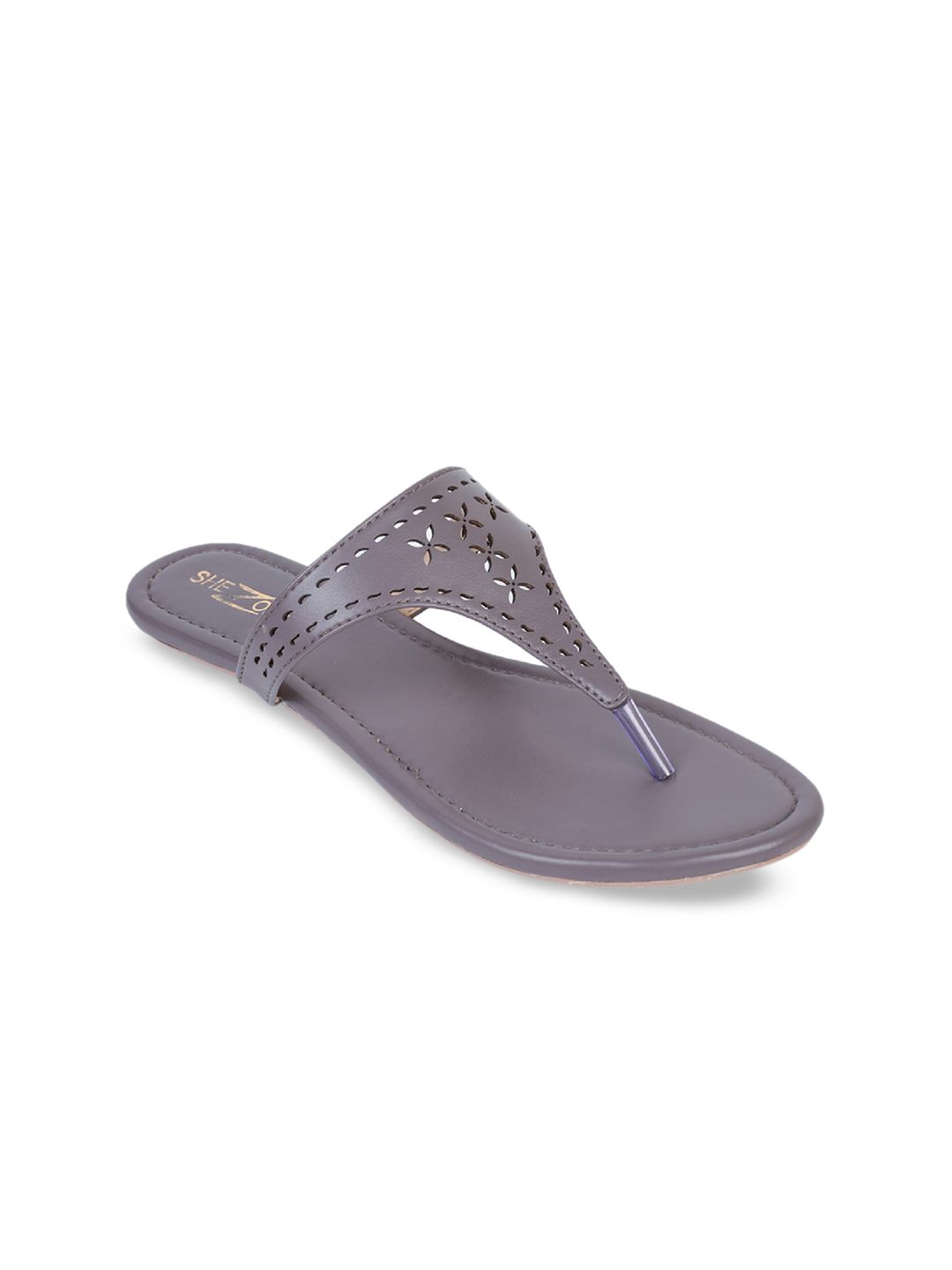 Shezone Women Grey Textured T-Strap Flats Price in India