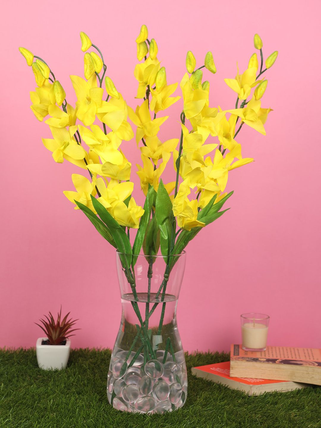 PolliNation Yellow Set of 5 Splendacious Artificial Orchid Flowers Price in India