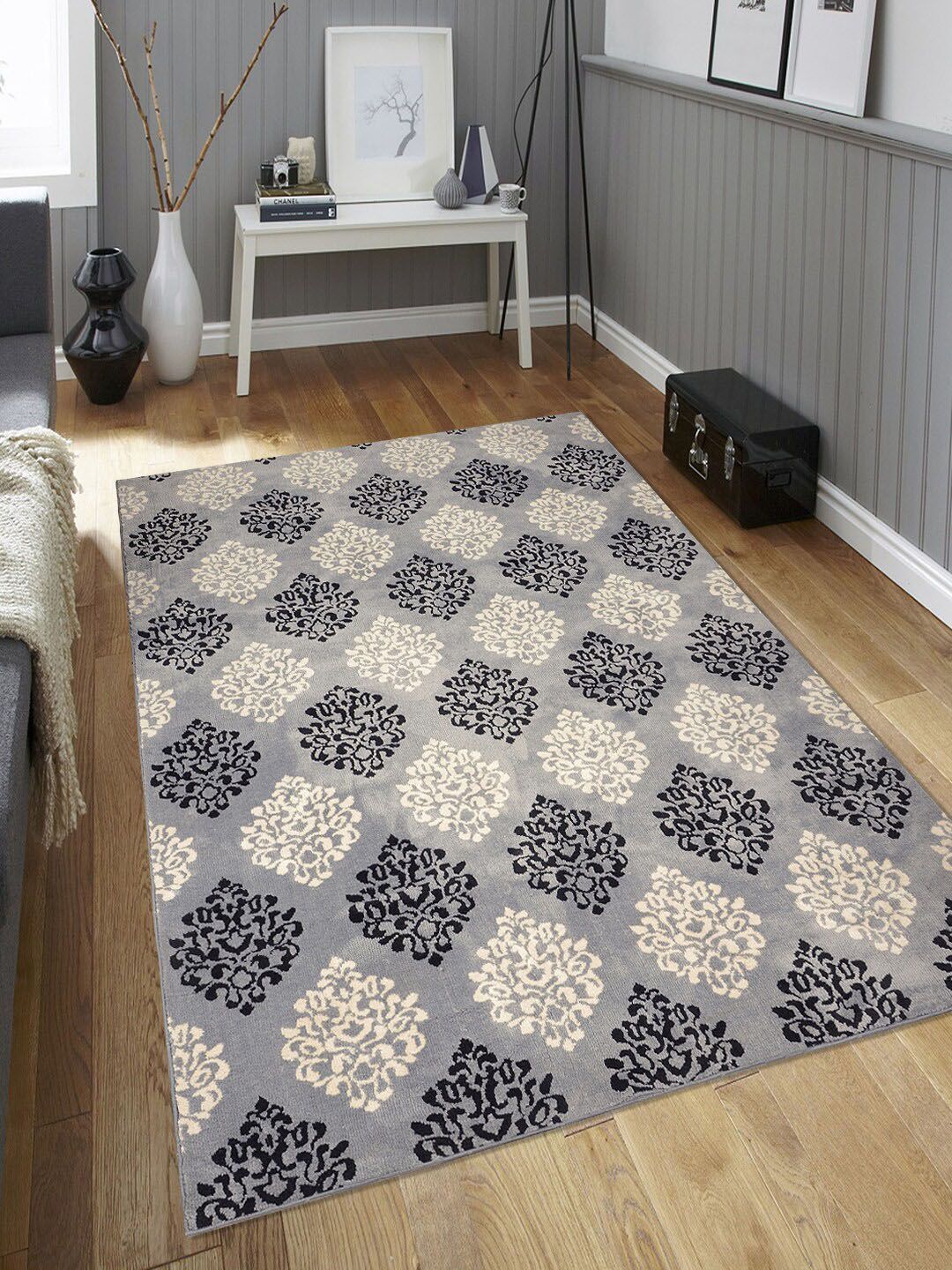 Saral Home Grey & Black Damask Pattern Anti-Skid Carpet Price in India