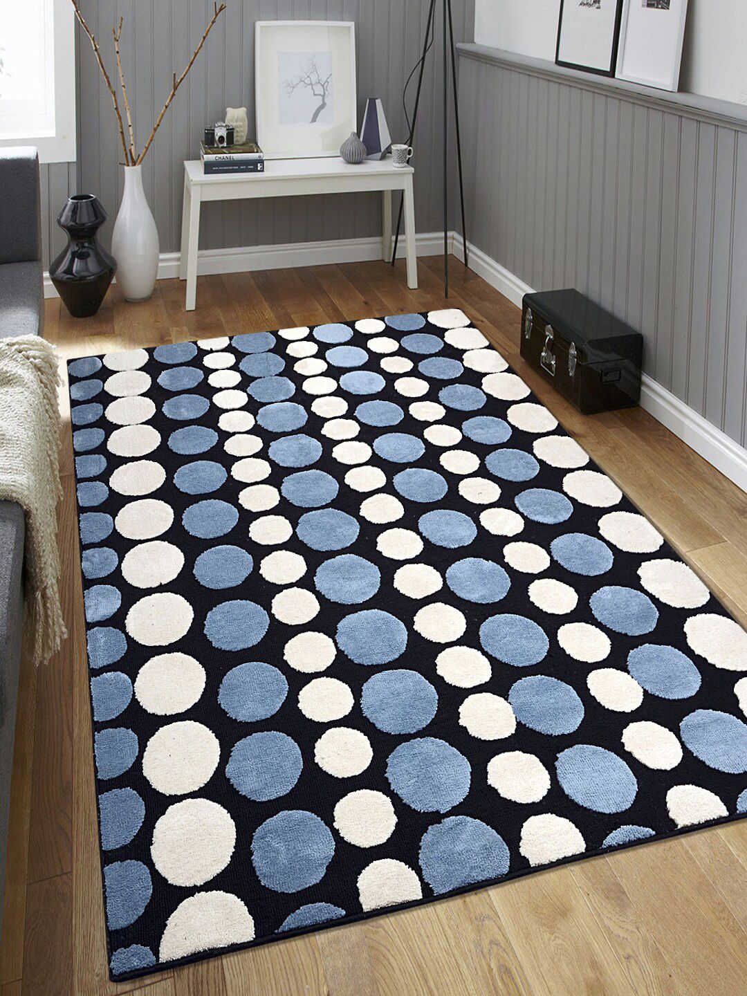 Saral Home Black & Turquoise Blue Geometric Designer Anti-Skid Carpet Price in India