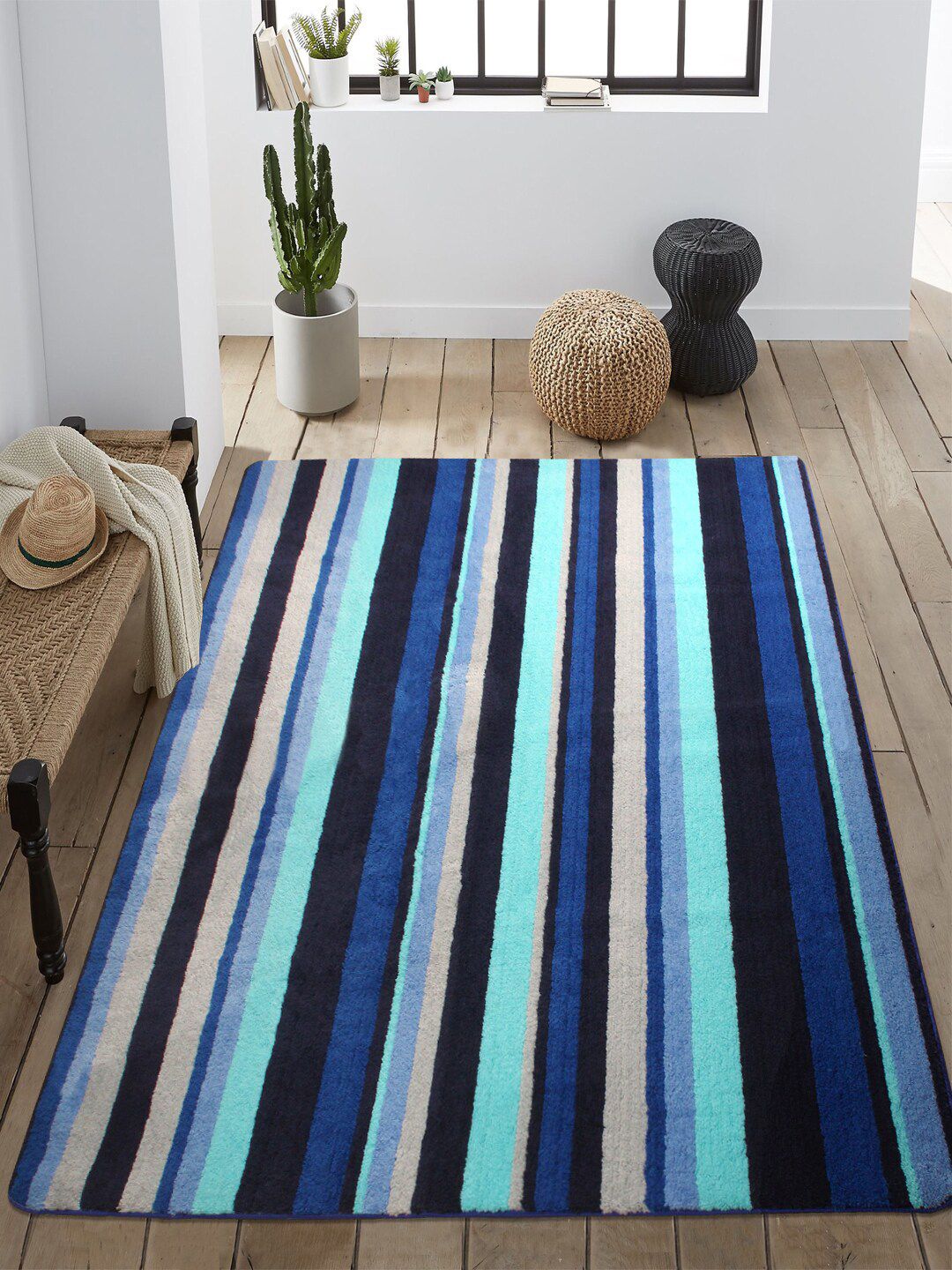 Saral Home Blue & Black Striped Designer Anti-Skid Carpet Price in India