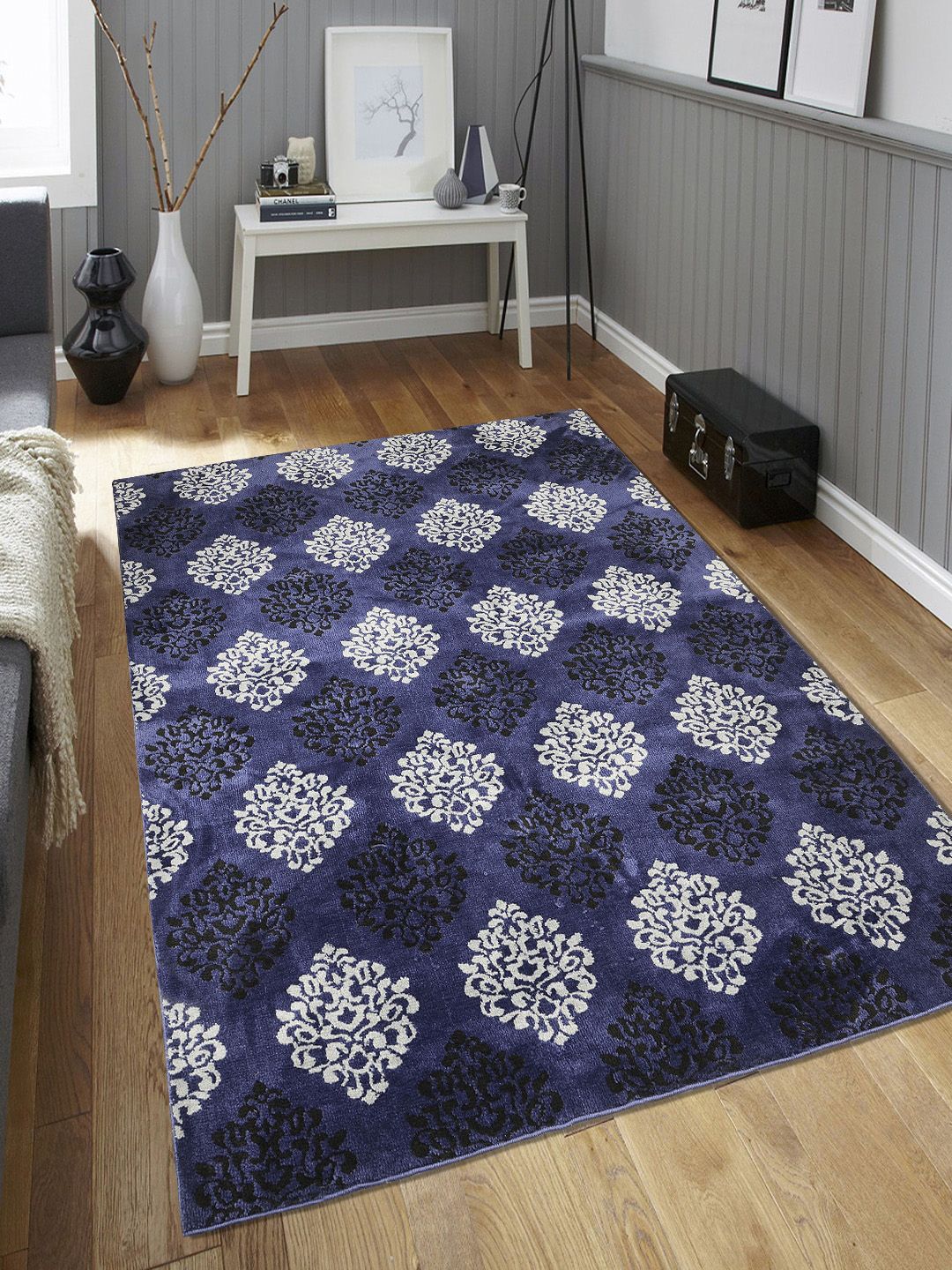 Saral Home Blue & Black Damask Pattern Anti-Skid Carpet Price in India