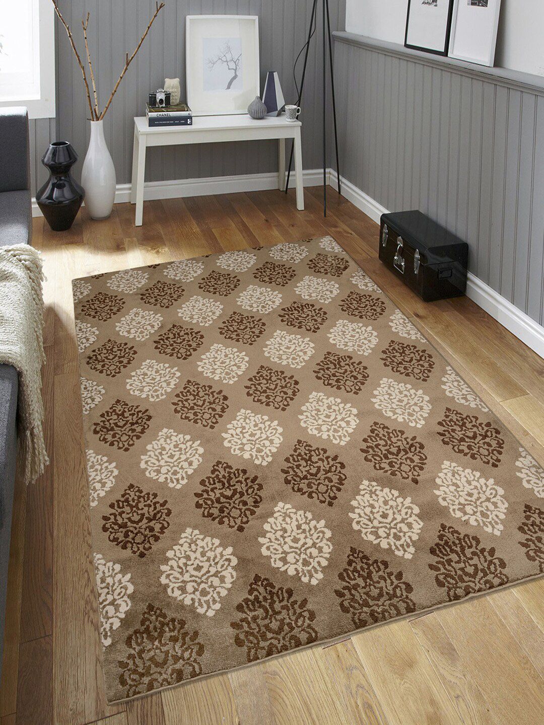 Saral Home Beige & Brown Damask Pattern Anti-Skid Carpet Price in India