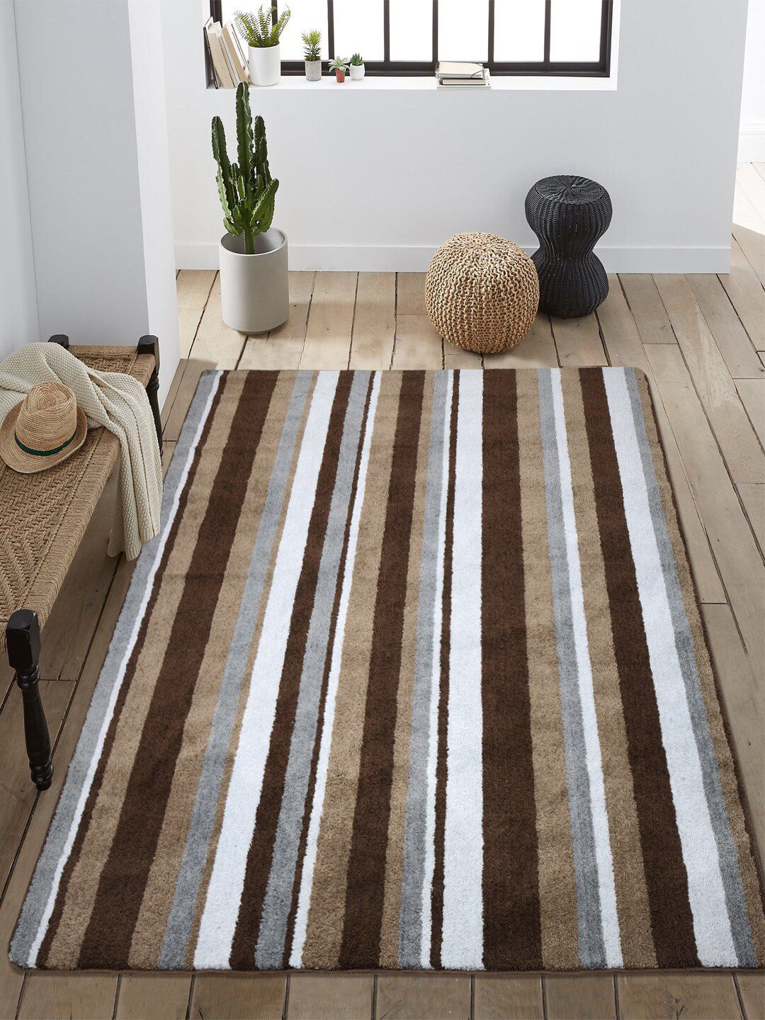 Saral Home Brown & Grey Striped Designer Anti-Skid Carpet Price in India