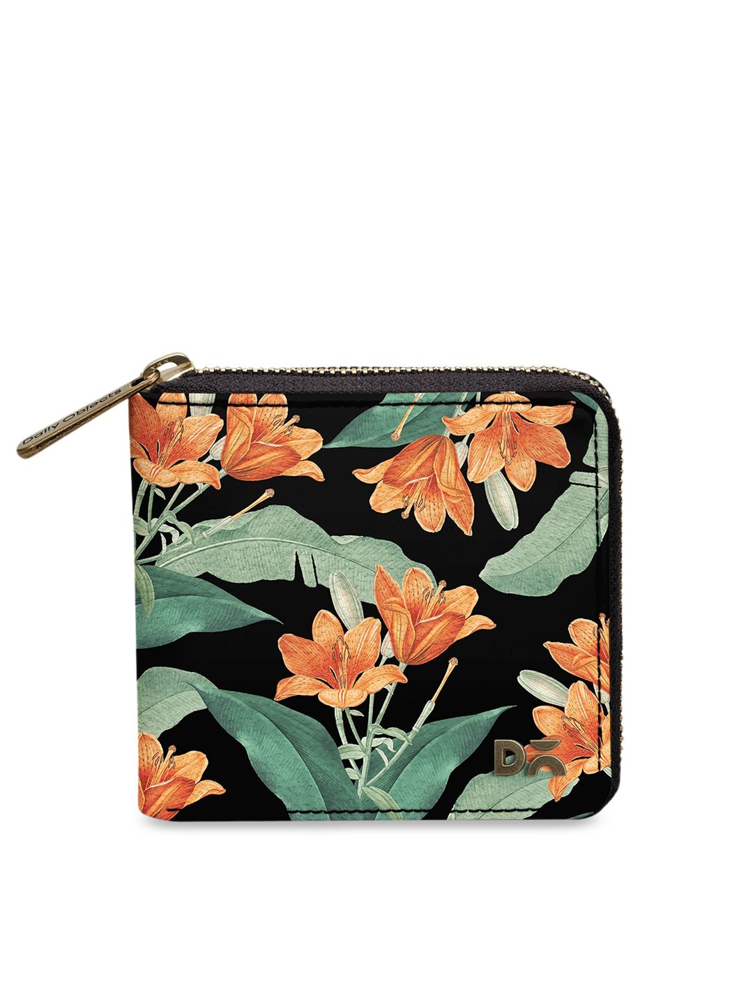 DailyObjects Women Black & Orange Floral Printed Zip Around Wallet Price in India