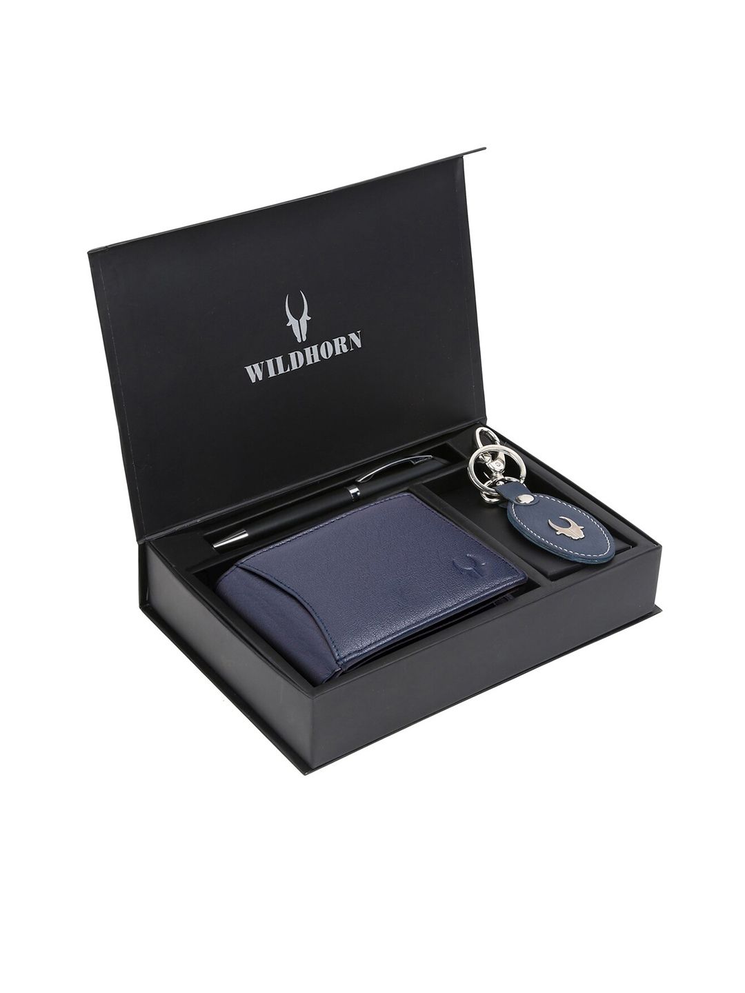 WildHorn Men Blue & Black RFID Protected Genuine Leather Wallet & Pen Accessory Gift Set