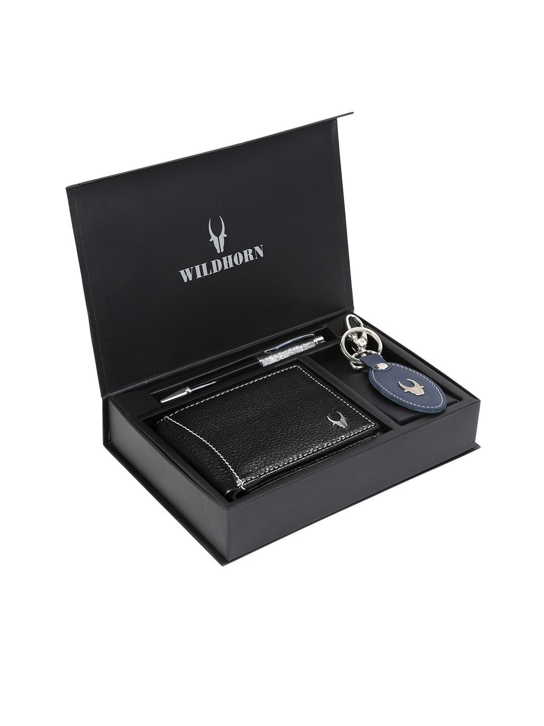 WildHorn Men Black & Blue RFID Protected Genuine Leather Wallet & Pen Accessory Gift Set