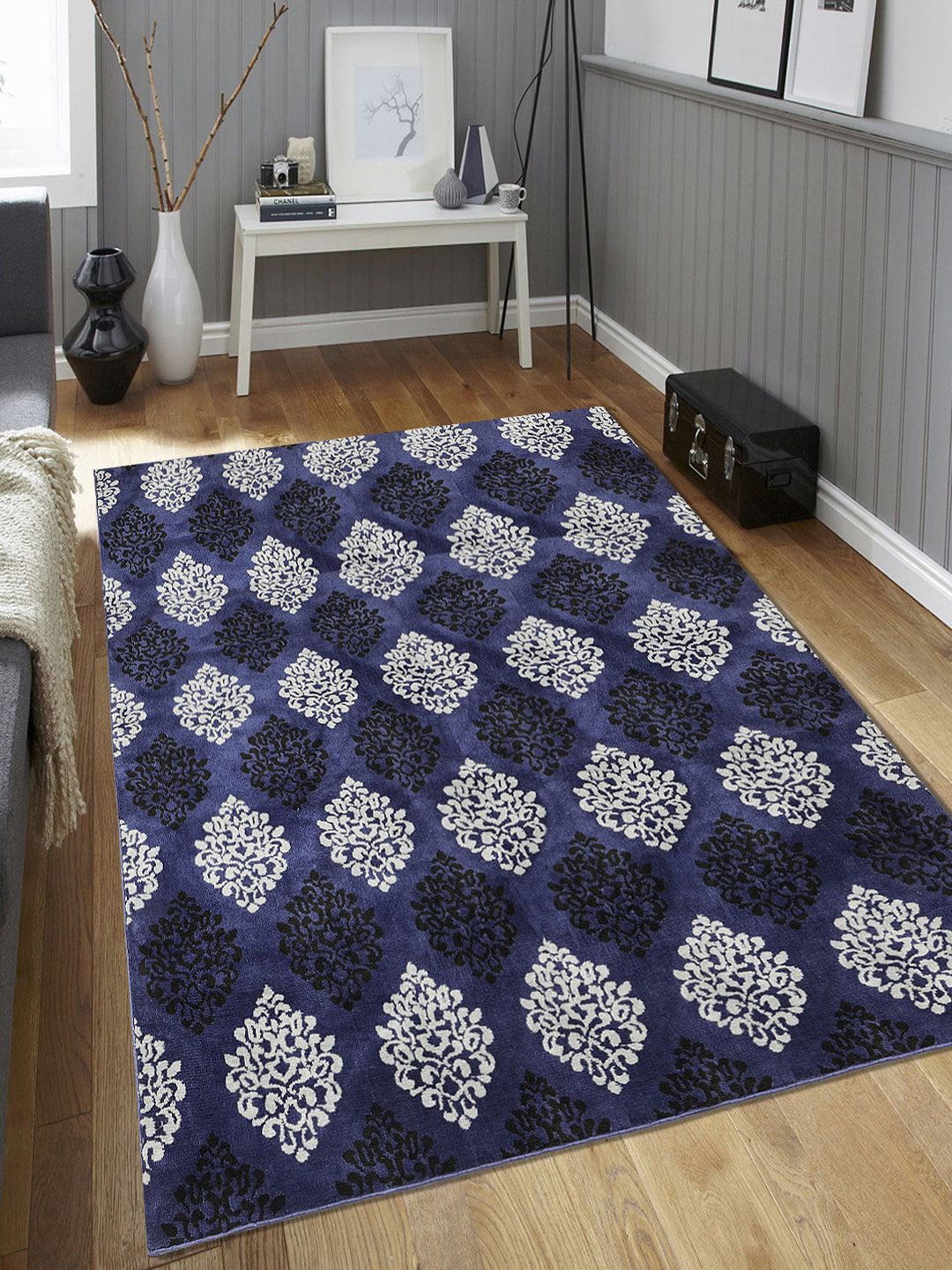 Saral Home Blue & Black Damask Pattern Anti-Skid Carpet Price in India