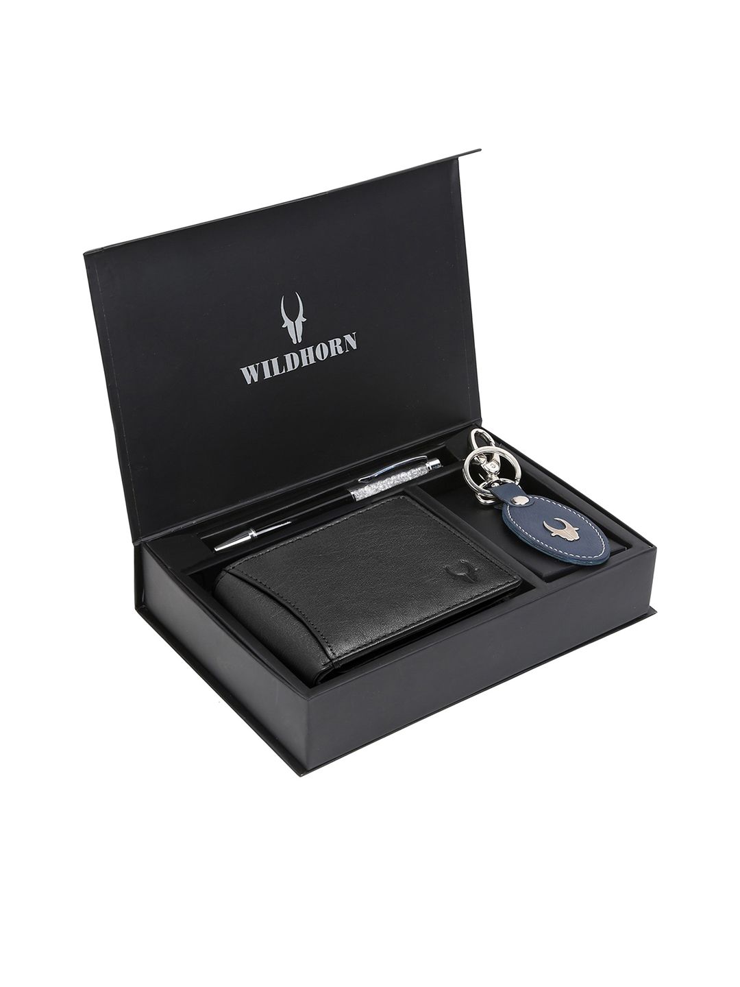 WildHorn Men Black & Blue RFID Protected Genuine Leather Wallet & Pen Accessory Gift Set