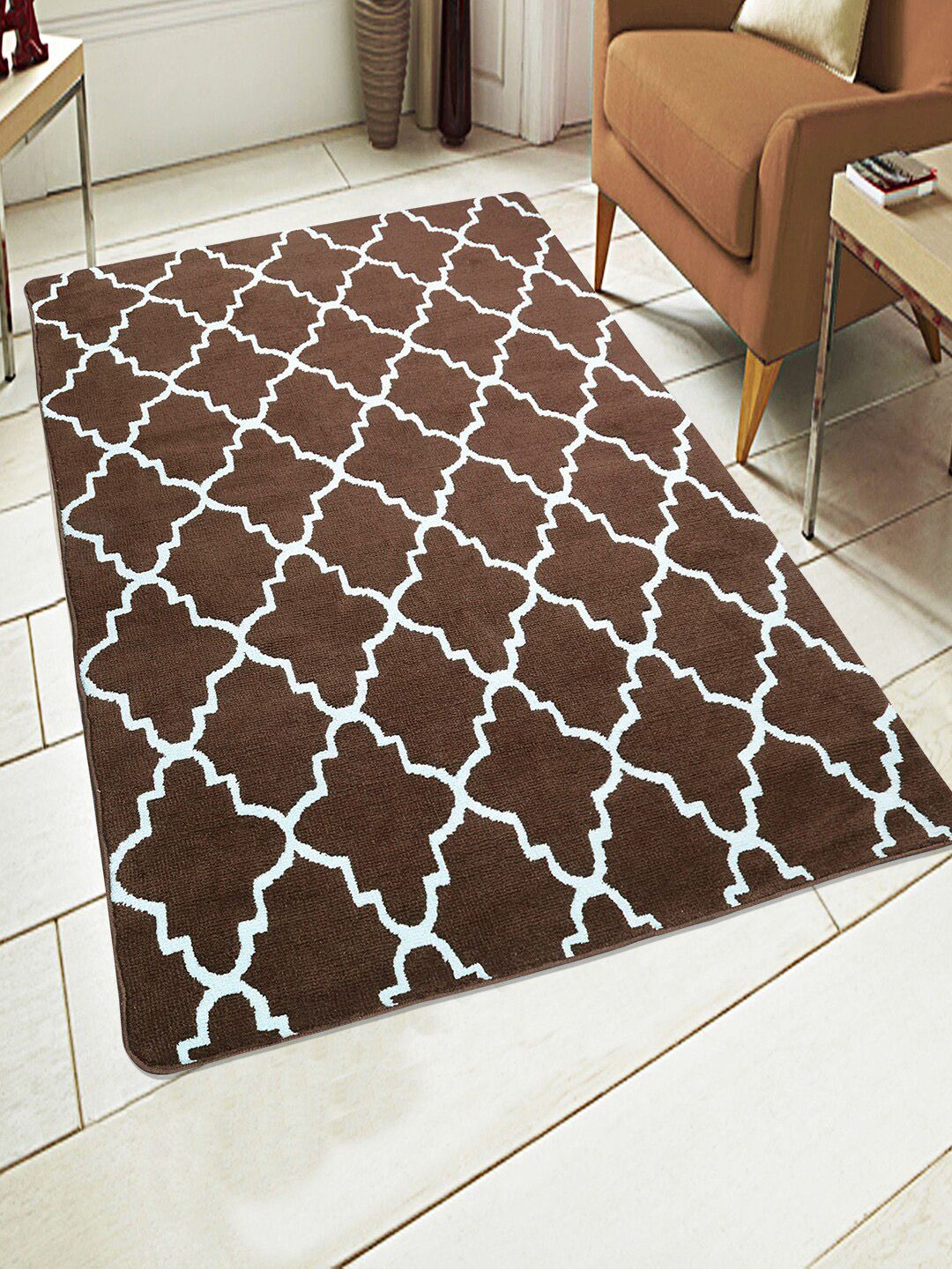 Saral Home Brown & White Geometric Anti-Skid Carpet Price in India