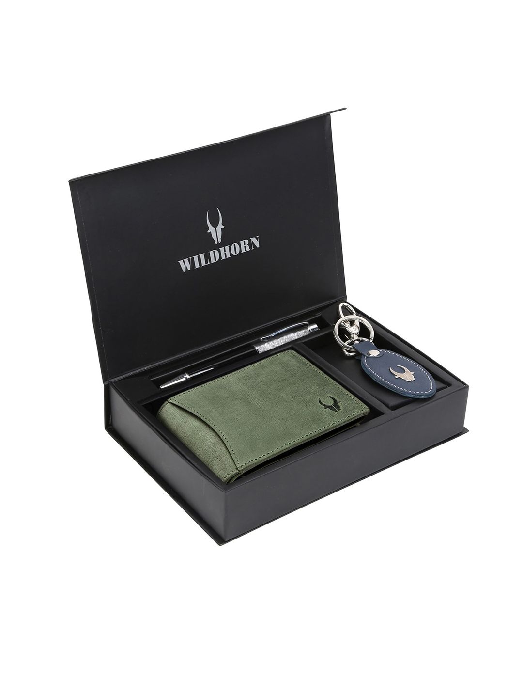 WildHorn Men Green & Blue RFID Protected Genuine Leather Wallet & Pen Accessory Gift Set