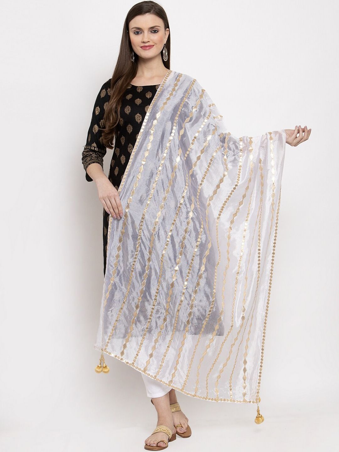 Clora Creation White & Gold-Toned Gotta Patti Silk Dupatta Price in India