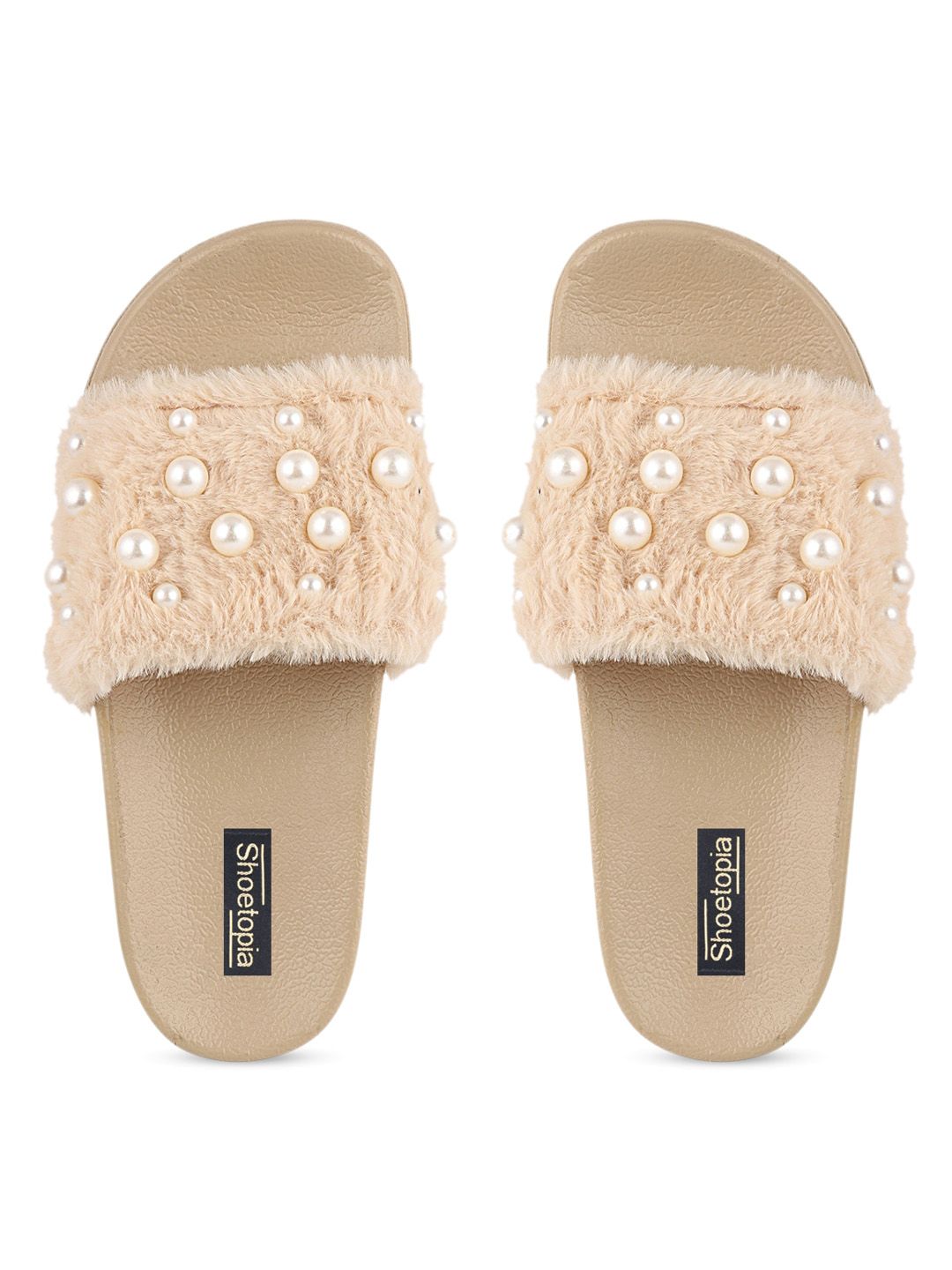 Shoetopia Women Beige Embellished Sliders Price in India