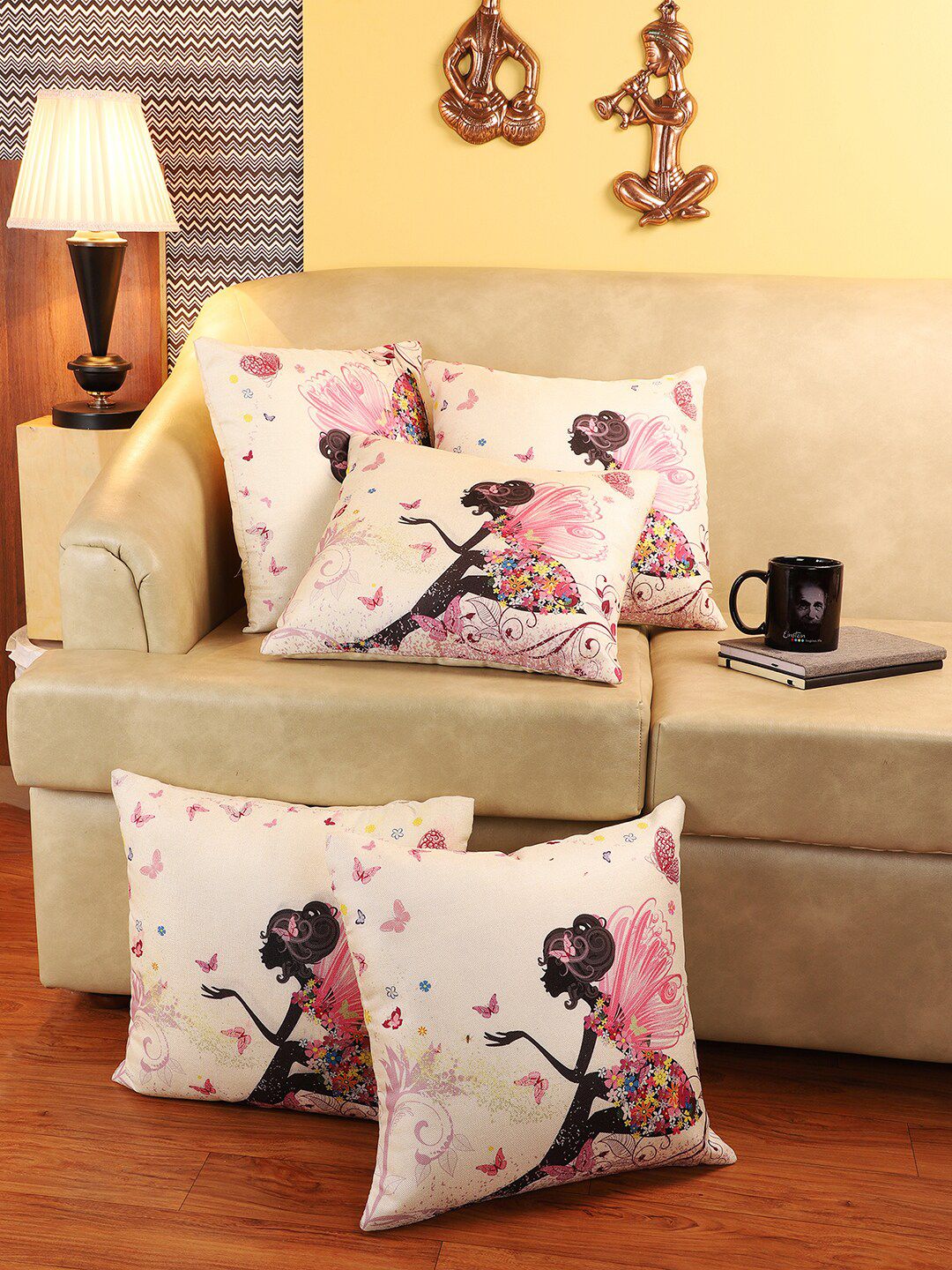 CDI Peach-Coloured & Black Set of 5 Quirky Square Cushion Covers Price in India
