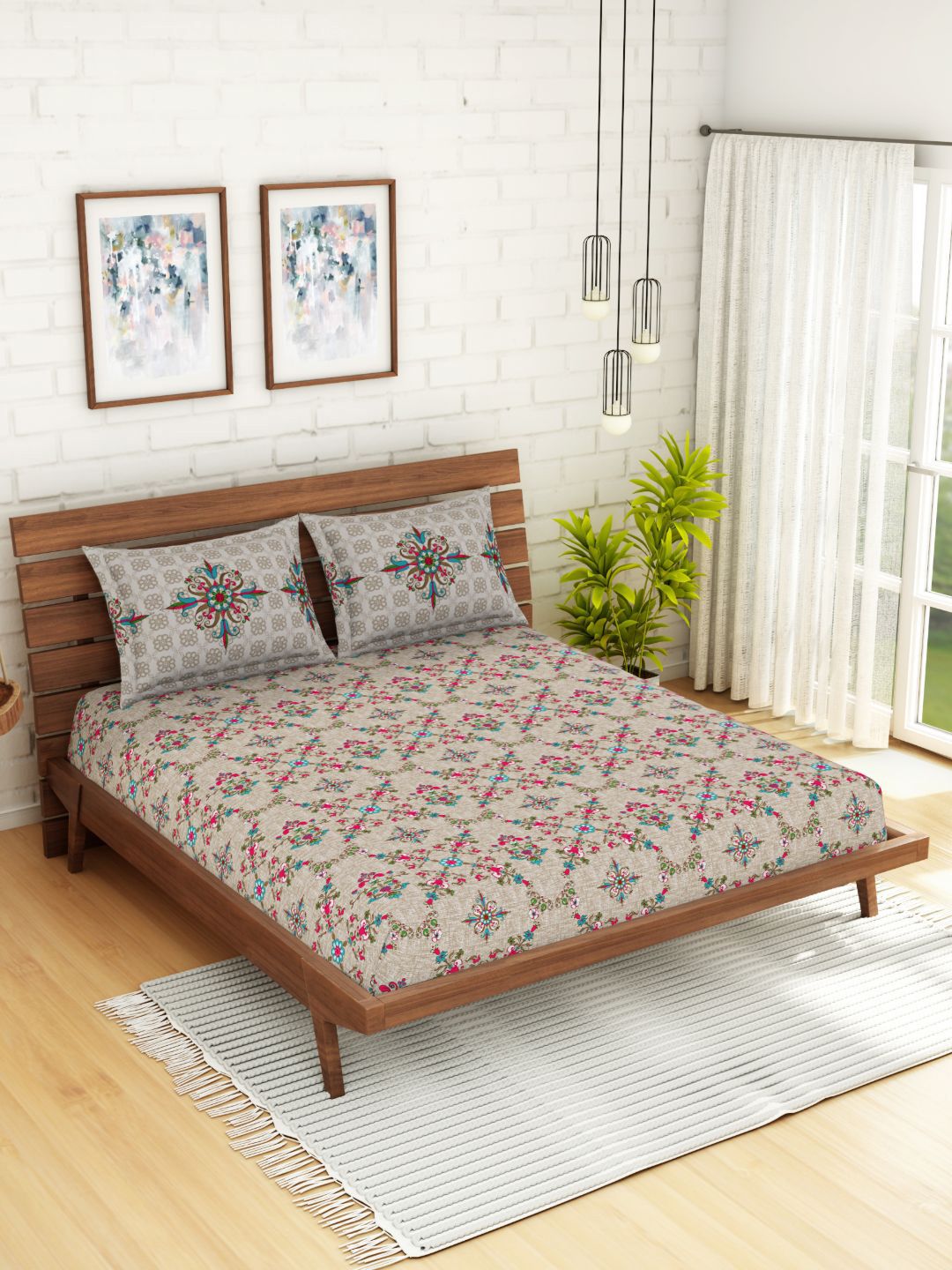 Spaces Atrium Plus Ornate Beige 1 Queen Size Fitted Sheets With 2 Pillow Cover Price in India