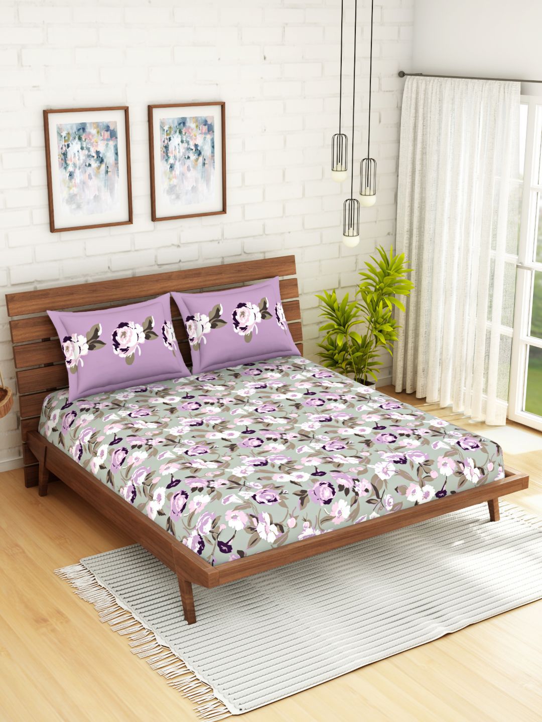 SPACES Grey & Purple Floral 210 TC Cotton 1 Queen Bedsheet with 2 Pillow Covers Price in India