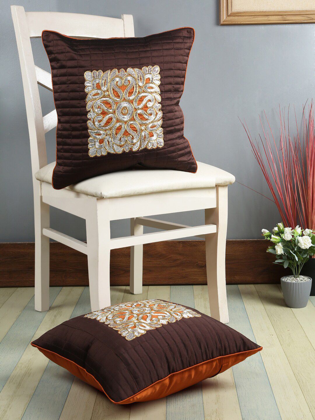 eyda Brown & Orange Set of 2 Embroidered Square Cushion Covers Price in India