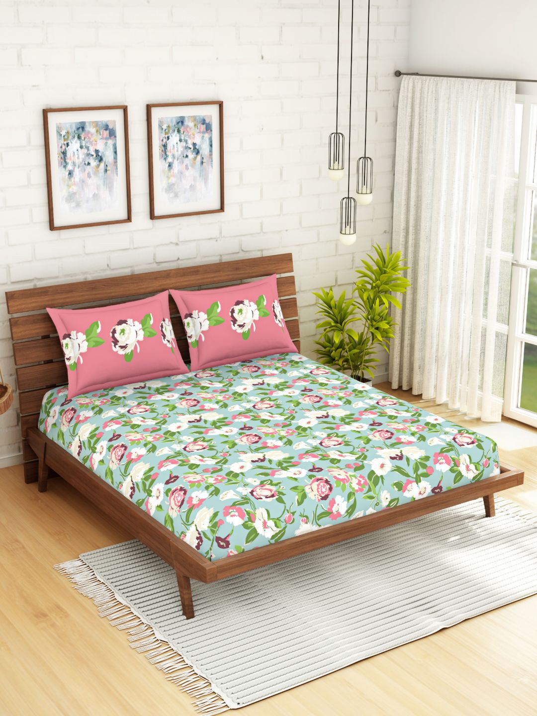 SPACES Blue & Pink Floral 210 TC Cotton 1 Queen Bedsheet with 2 Pillow Covers Price in India