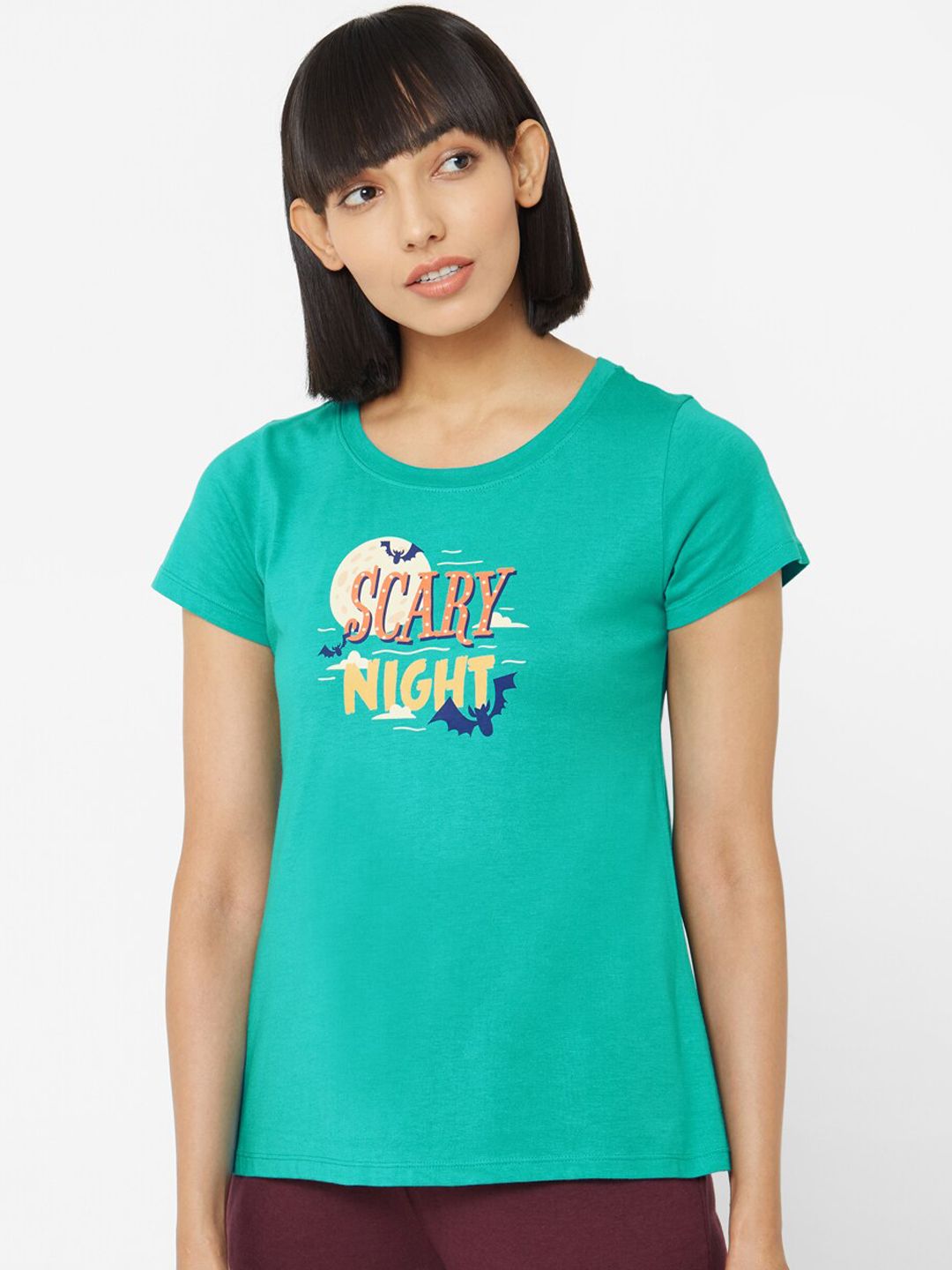 Soie Women Teal Green Slogan Printed Lounge T-Shirt Price in India