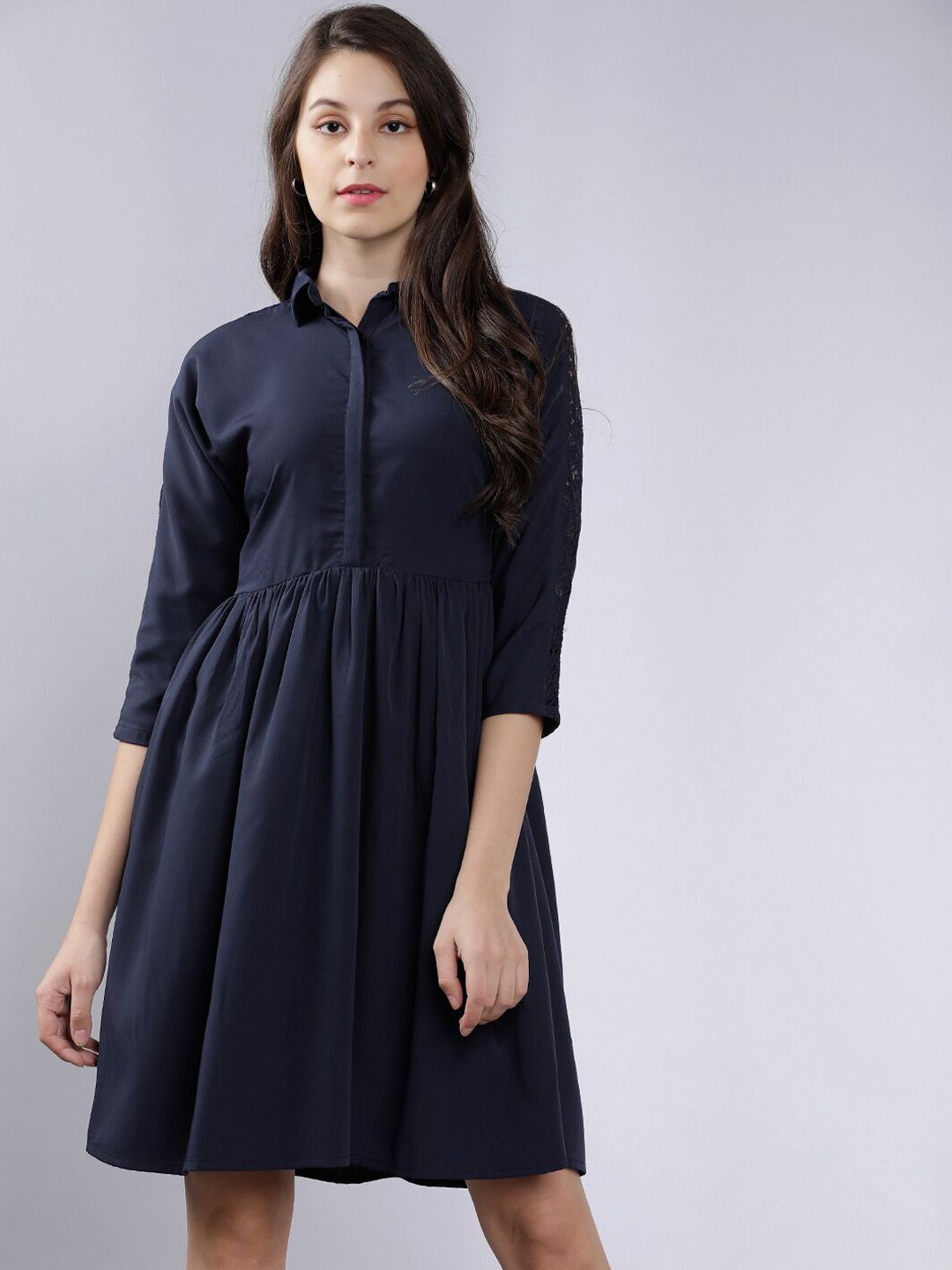 Mumbai Slang Chic Women Navy Blue Solid Fit and Flare Dress