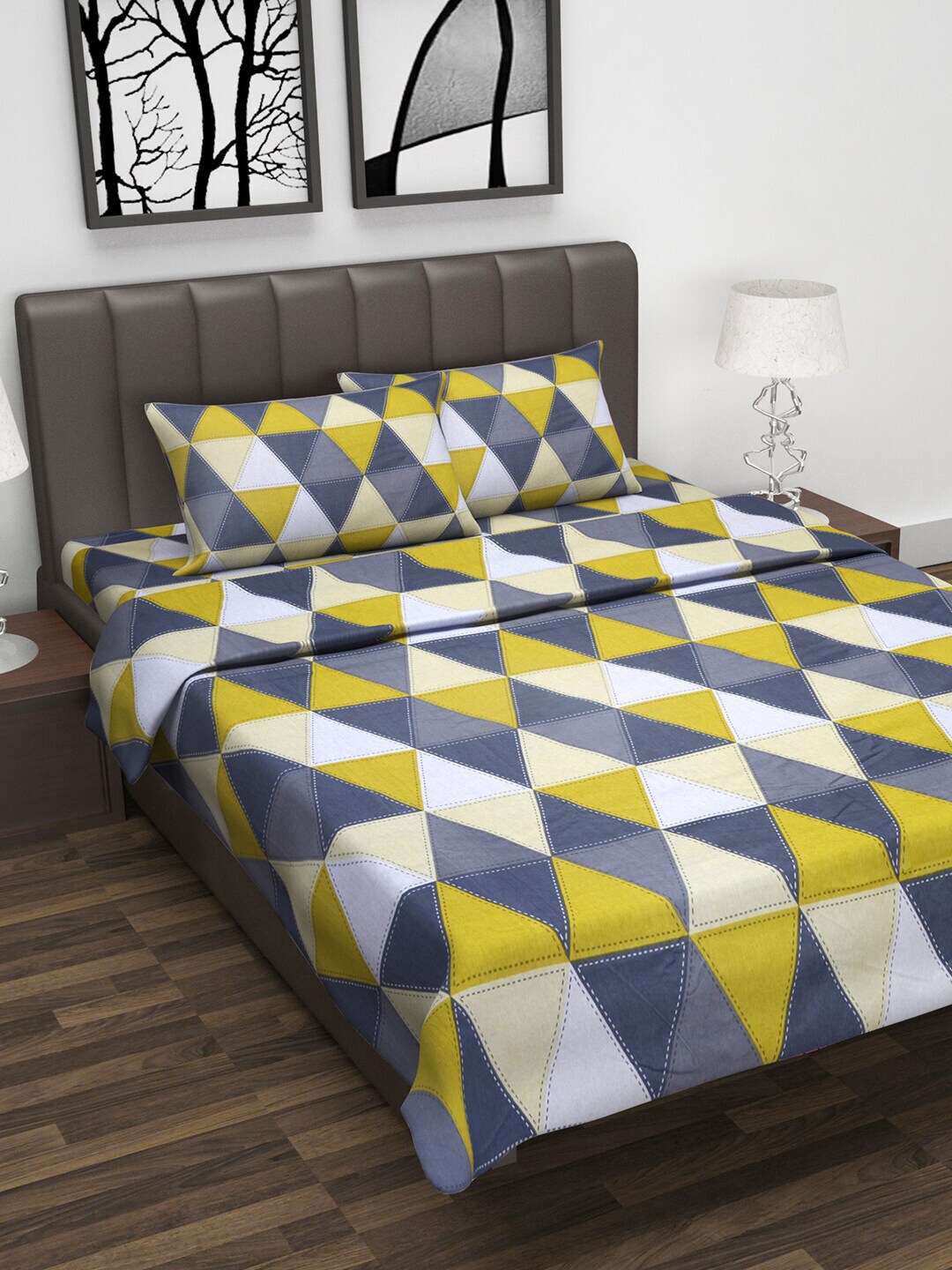 Divine Casa Yellow & Grey Geometric Printed Double King Bedsheet With 2 Pillow Covers & Dohar Price in India