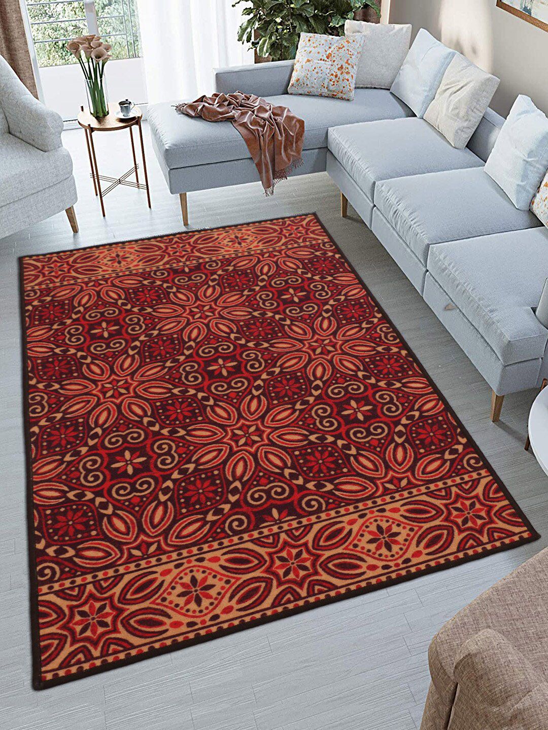 RUGSMITH Red & Burgundy Printed Premium Quality Anti-Skid Carpet Price in India