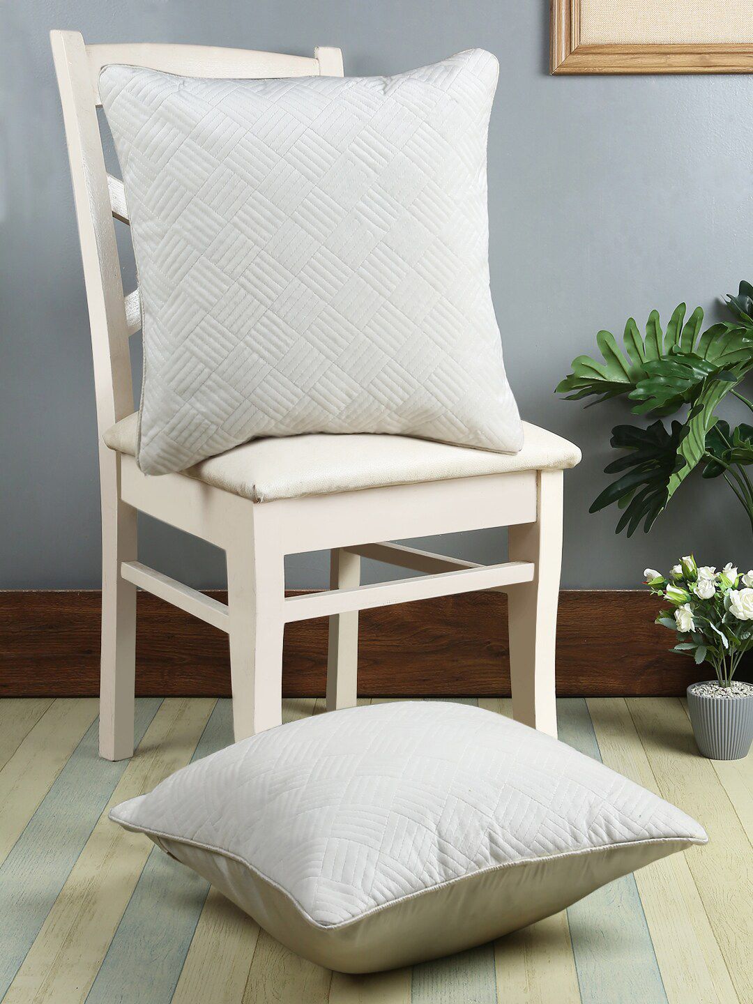 eyda Set of 2 White Self Design Square Velvet Cushion Covers Price in India