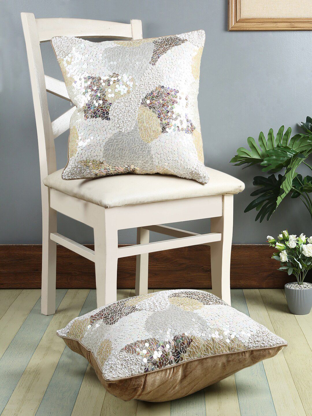 eyda Off-White Set of 2 Embellished Square Cushion Covers Price in India