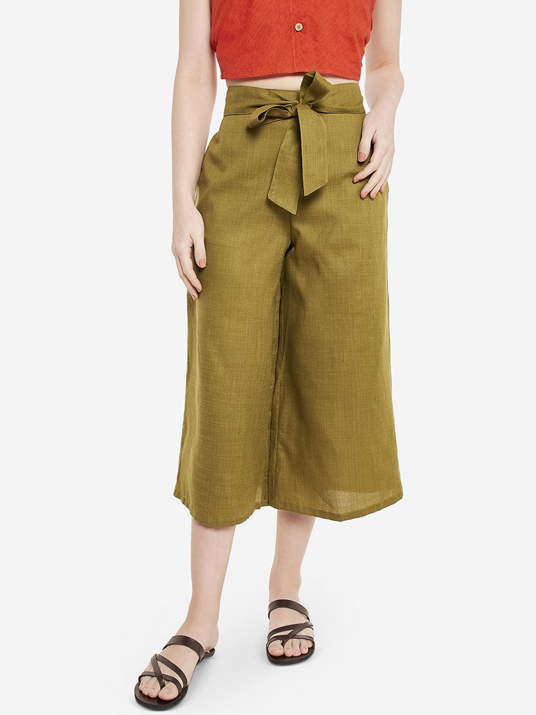 Desi Weavess Women Olive Green Regular Fit Solid Culottes Price in India