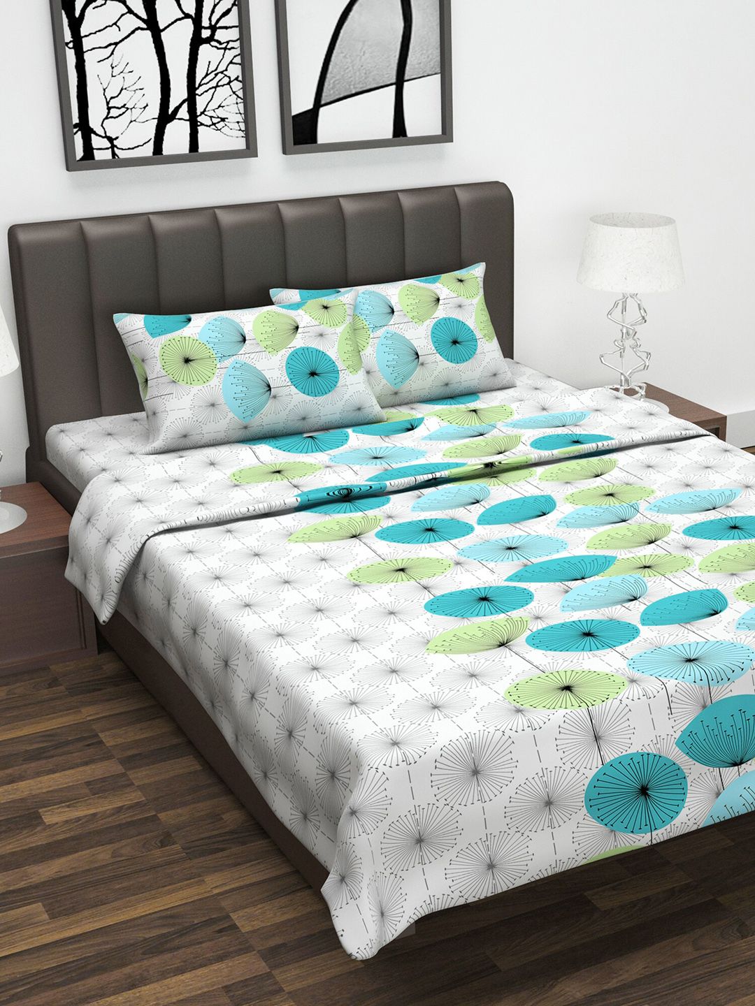 Divine Casa Unisex White & Turquoise Blue Floral Printed Double King Bedsheet With 2 Pillow Covers & Dohar Price in India