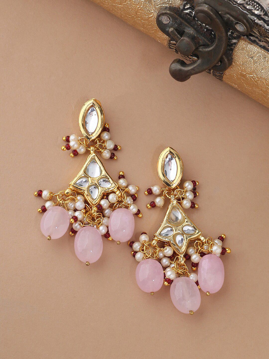 Shoshaa Gold-Plated & Pink Kundan Studded Contemporary Drop Earrings Price in India