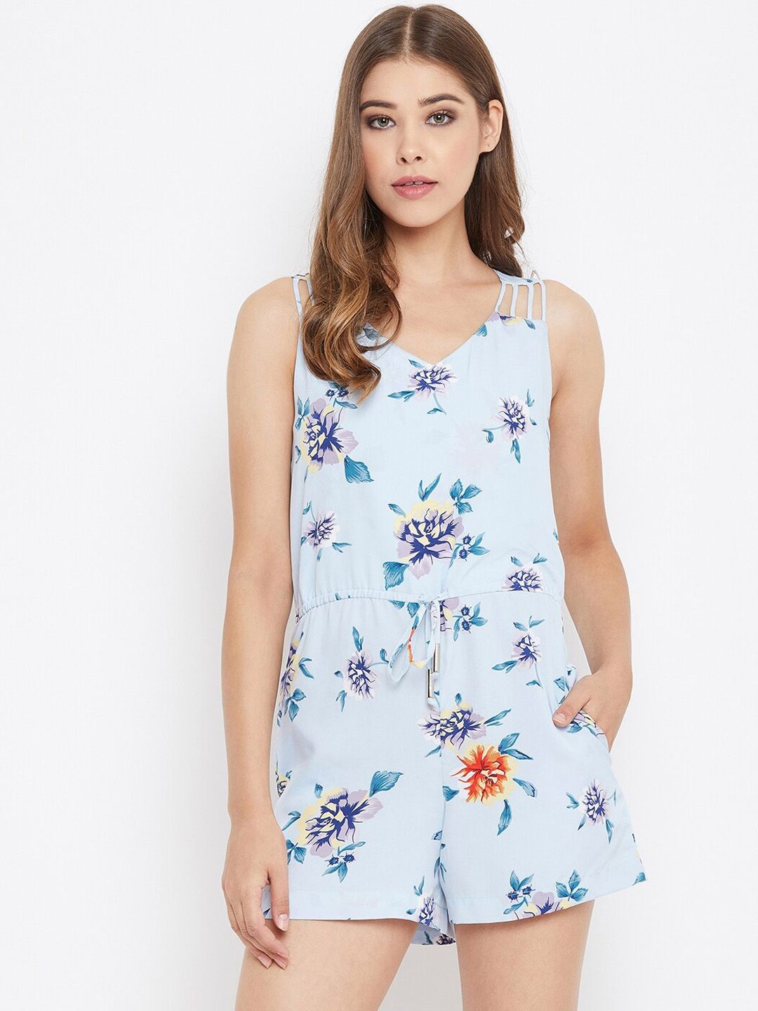 PURYS Women Blue Printed Playsuit Price in India