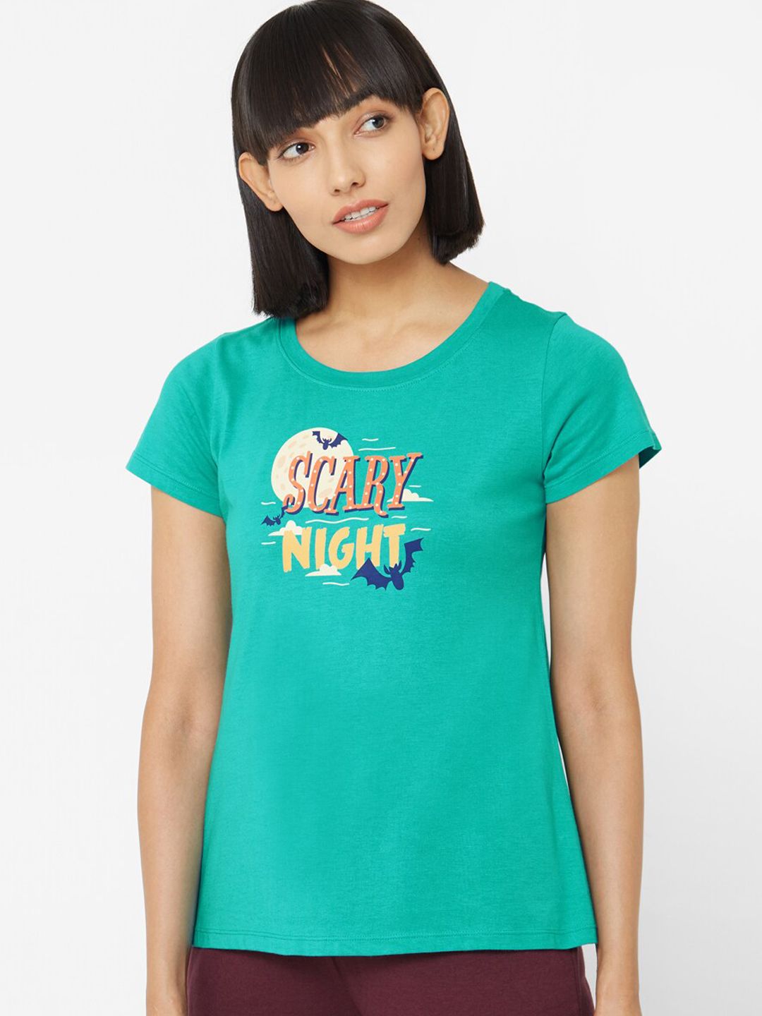 Soie Women Teal Green Printed Lounge T-Shirt Price in India