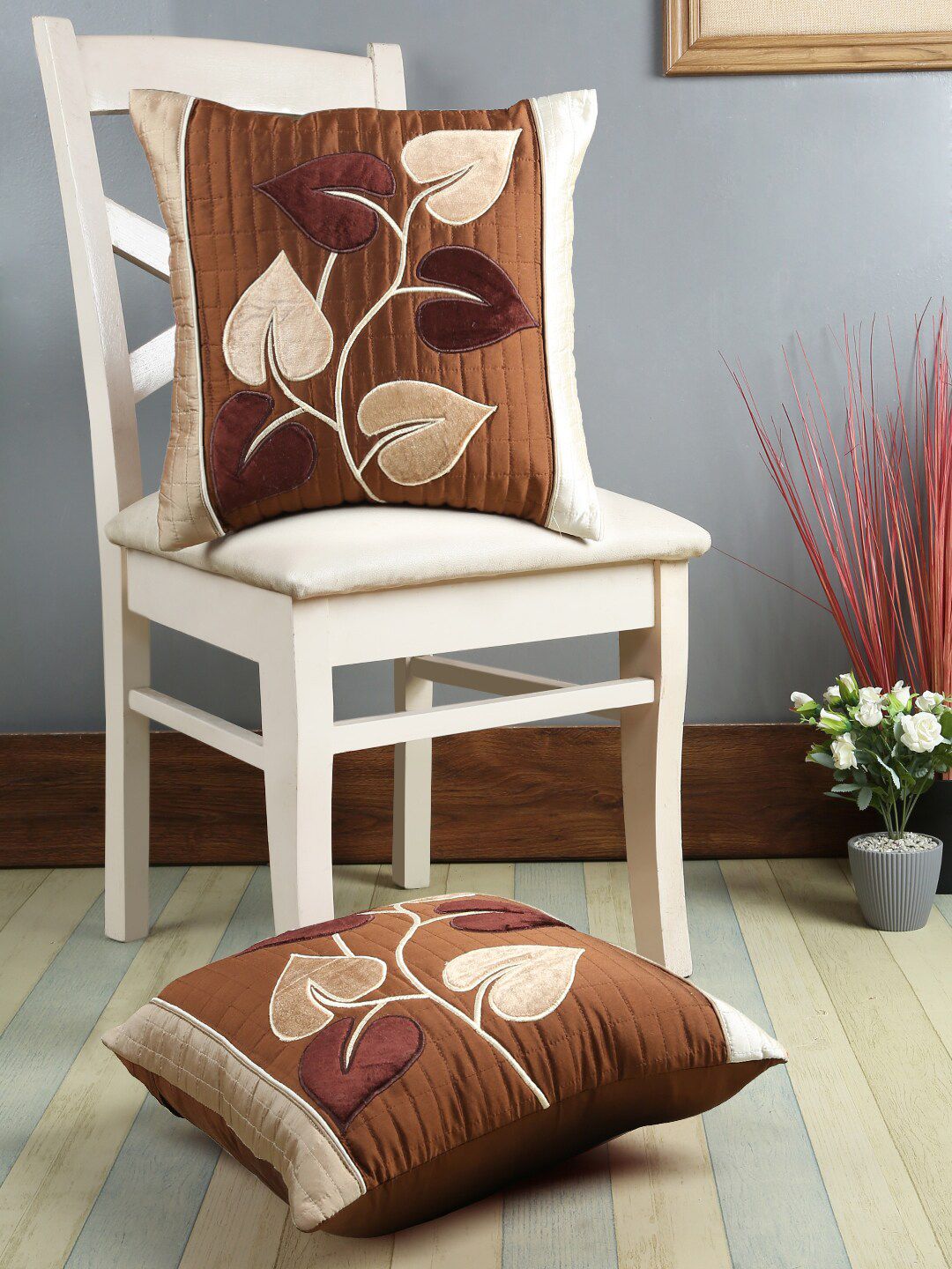 eyda Coffee Brown & Beige Set of 2 Self Design Square Cushion Covers Price in India