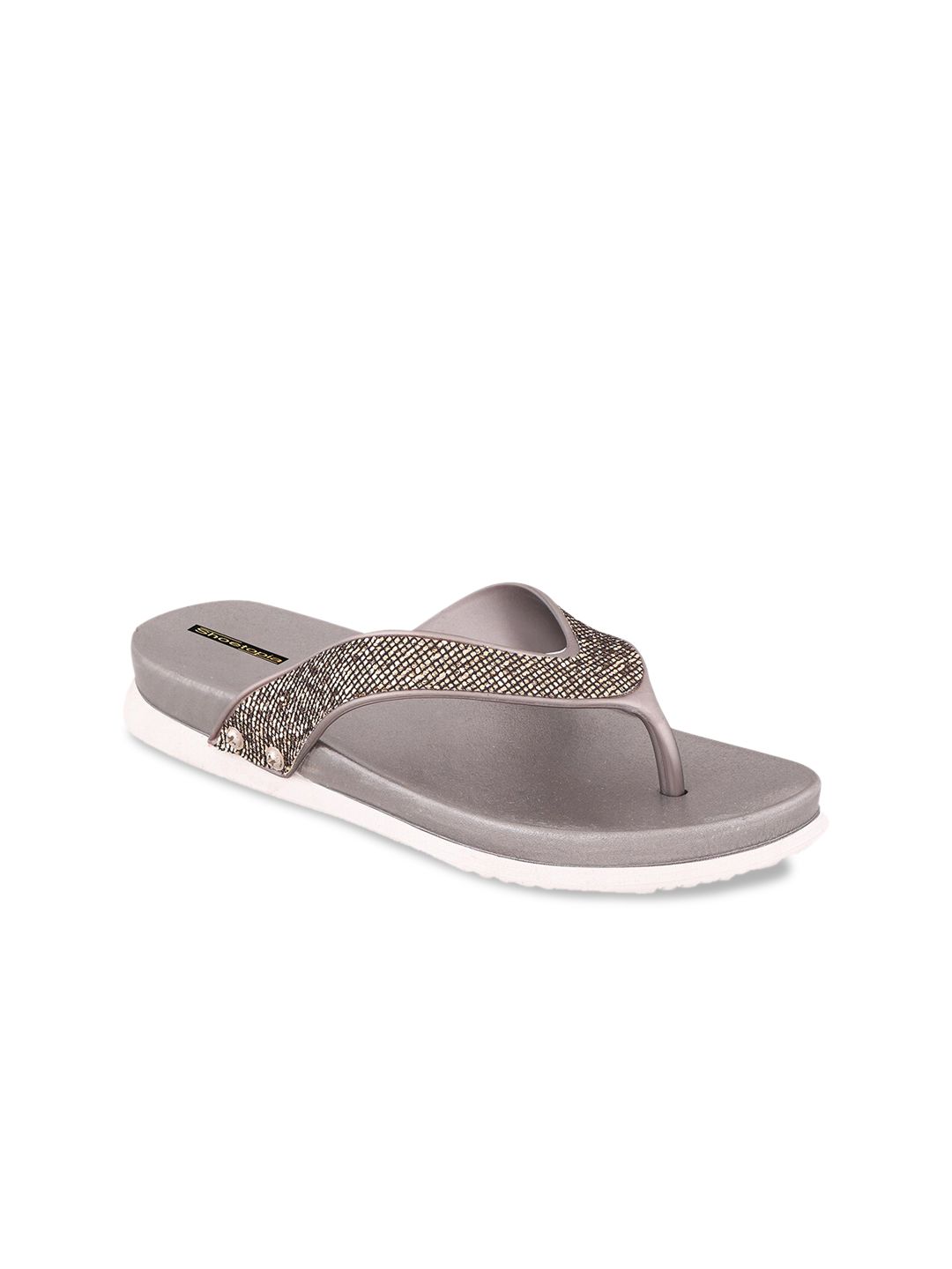 Shoetopia Women Grey & Gold-Coloured Embellished Thong Flip-Flops Price in India