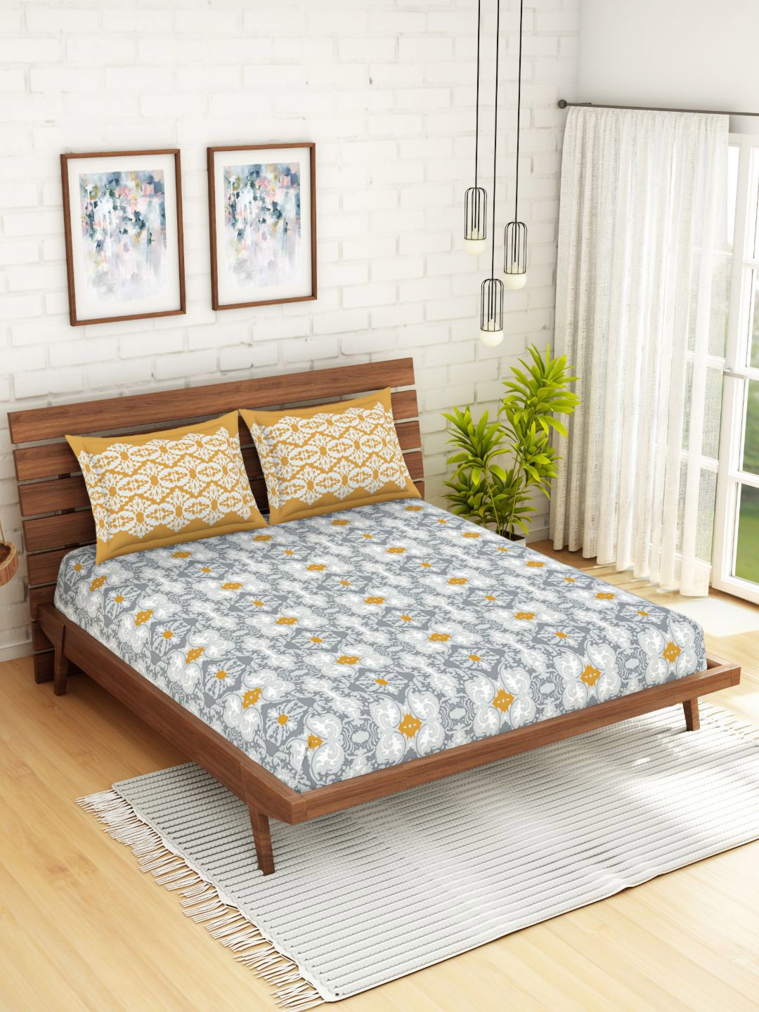 SPACES Grey & Yellow Abstract 210 TC Cotton 1 Queen Bedsheet with 2 Pillow Covers Price in India