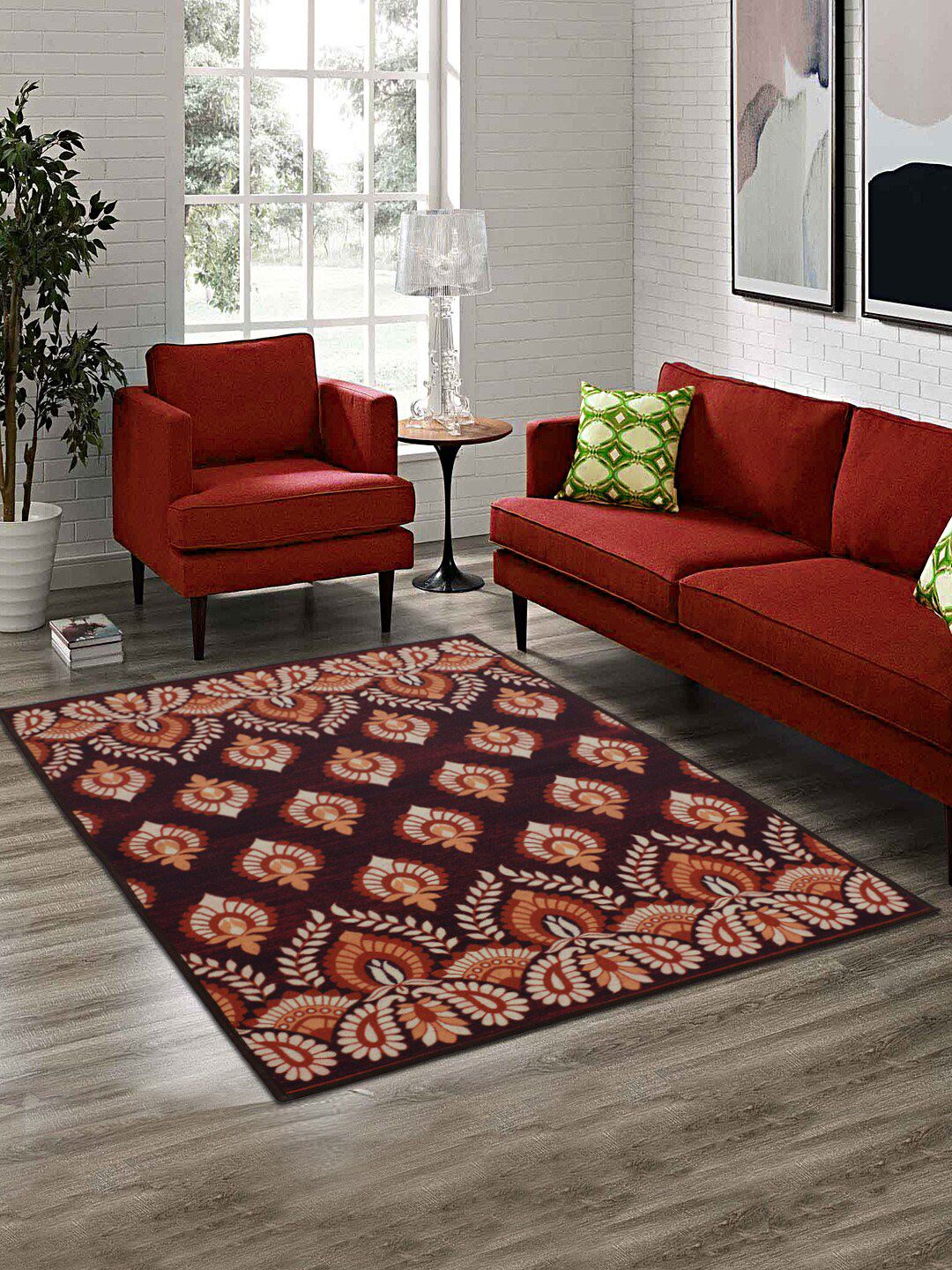 RUGSMITH Maroon & White Printed Premium Quality Anti-Skid Carpet Price in India