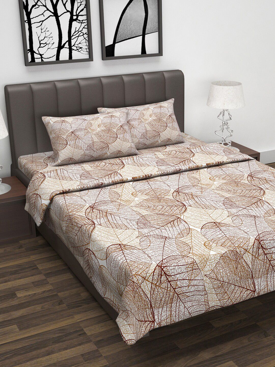Divine Casa Brown & White Floral Printed Double King Bedsheet With 2 Pillow Covers & Dohar Price in India
