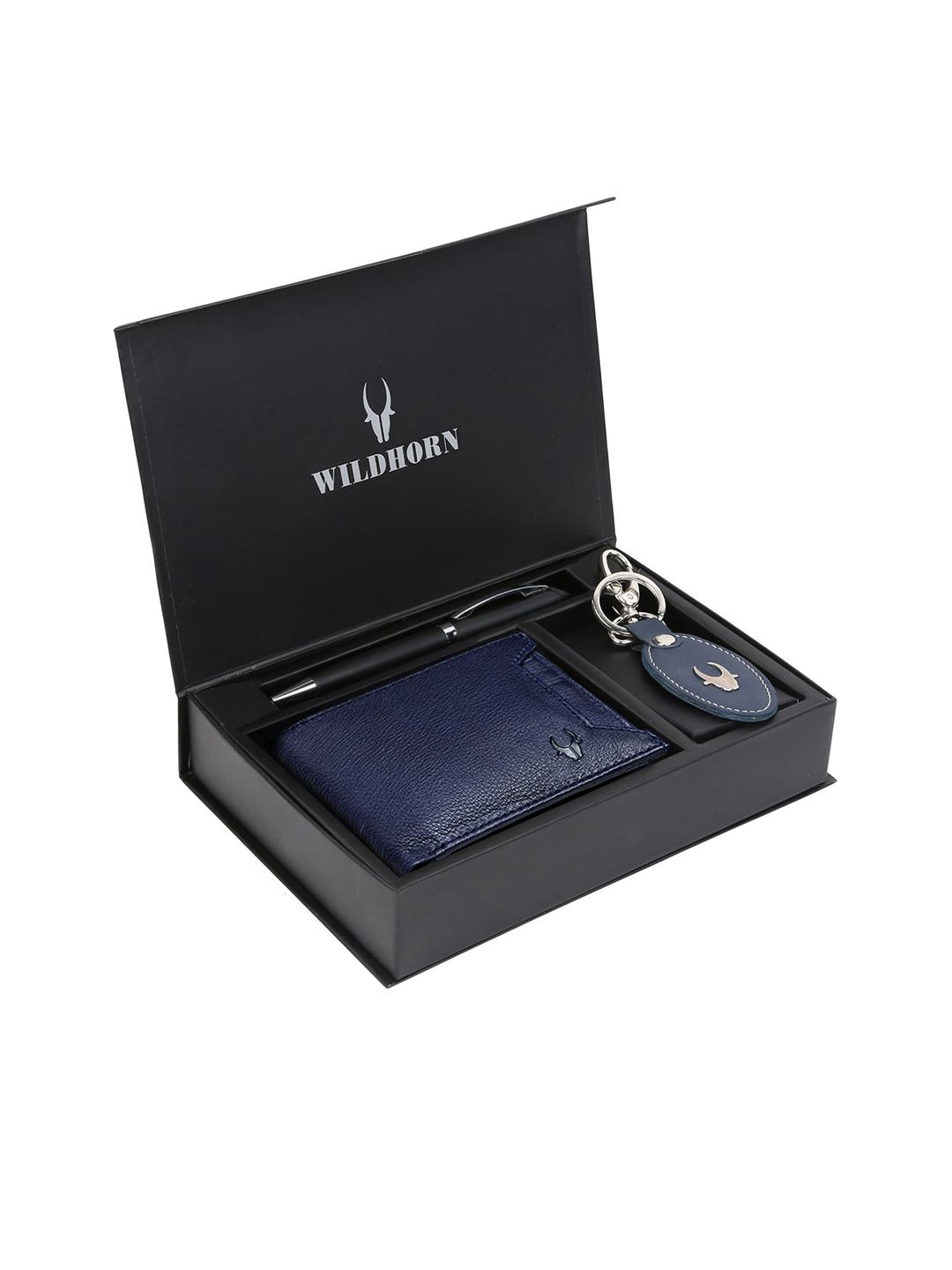 WildHorn Men Blue & Black Men RFID Protected Genuine Leather Wallet & Pen Accessory Gift Set
