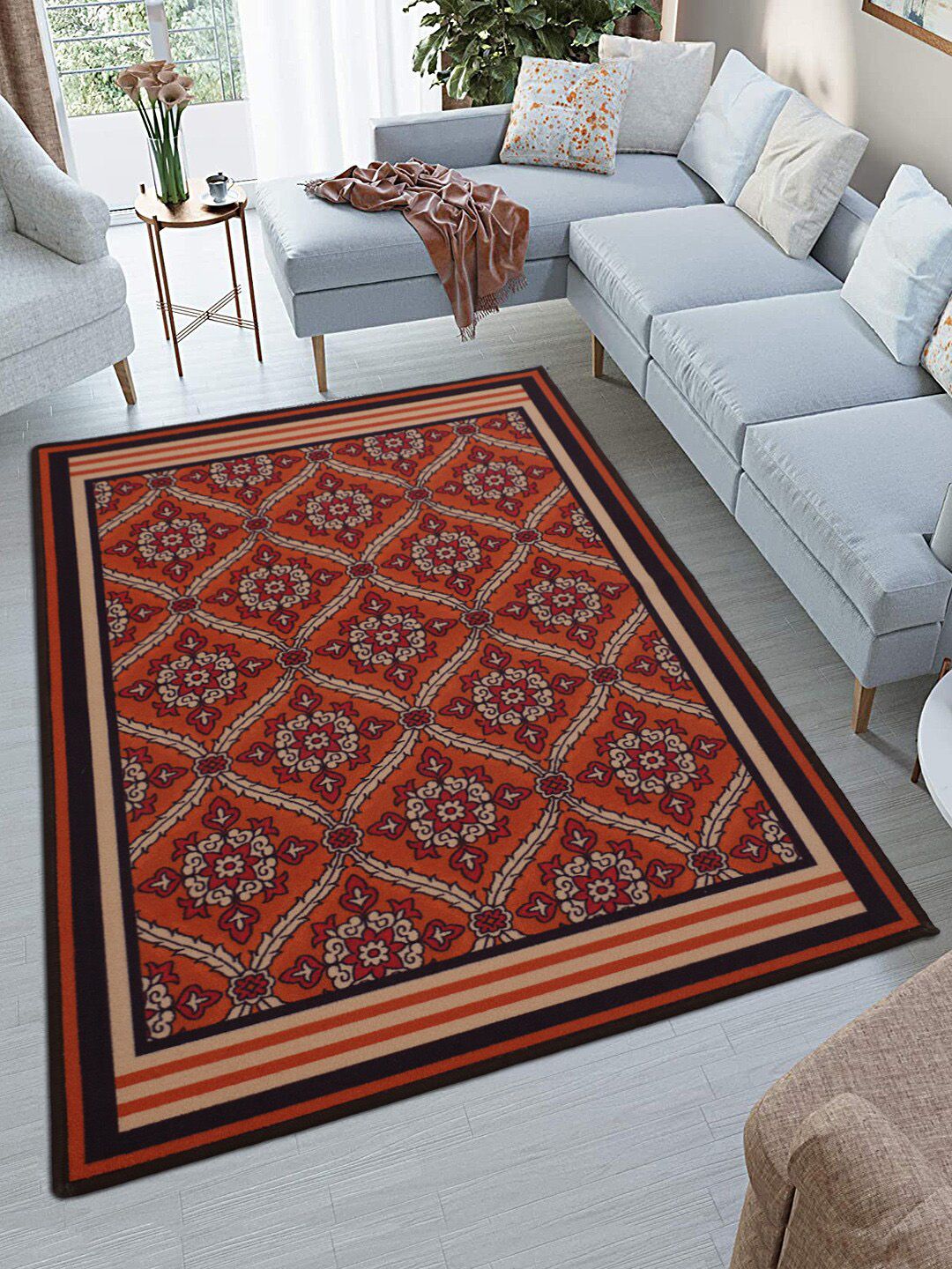 RUGSMITH Red & Orange Printed Premium Quality Anti-Skid Carpet Price in India