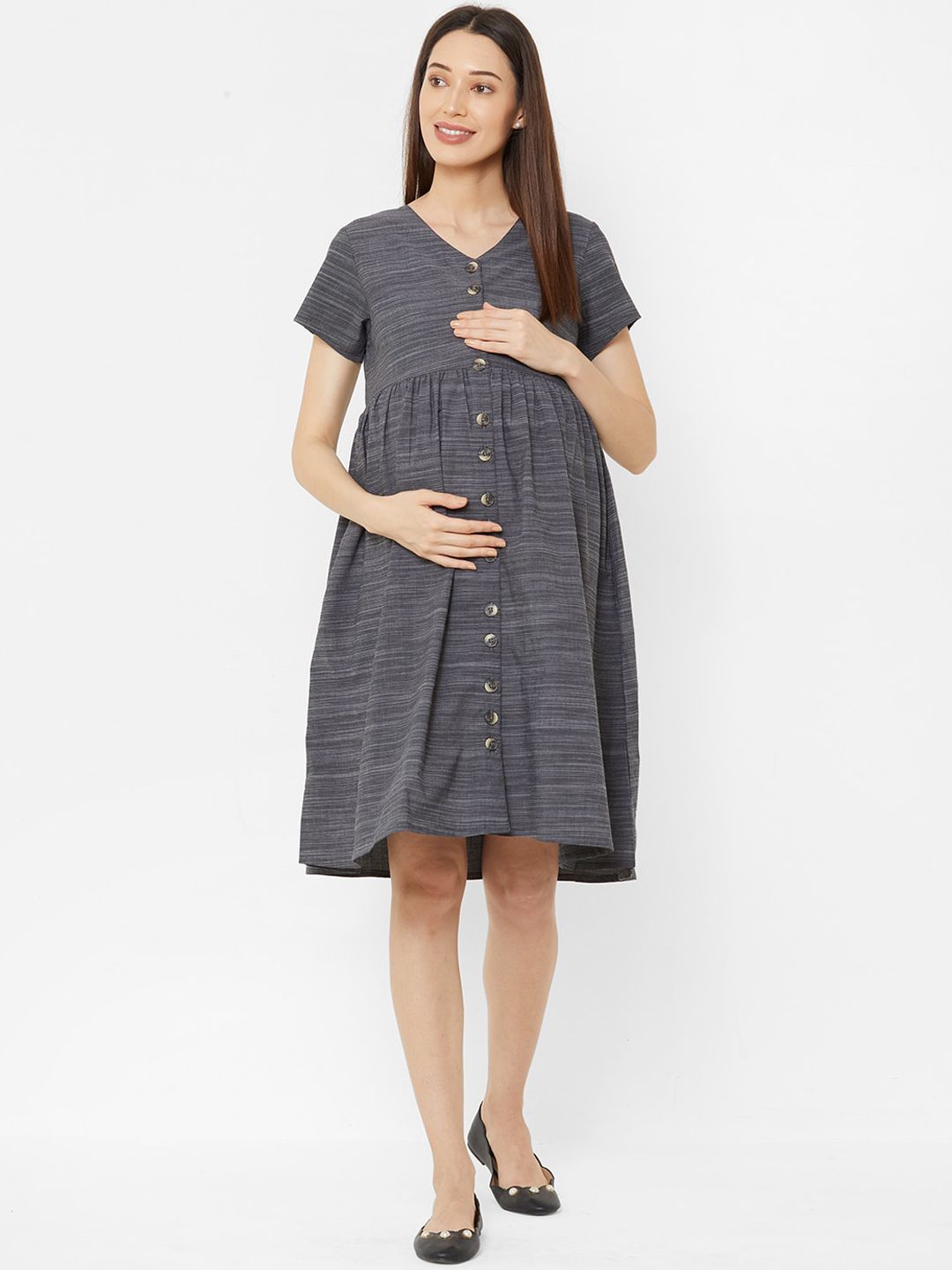 Mystere Paris Women Charcoal Grey Striped Maternity A-Line Dress