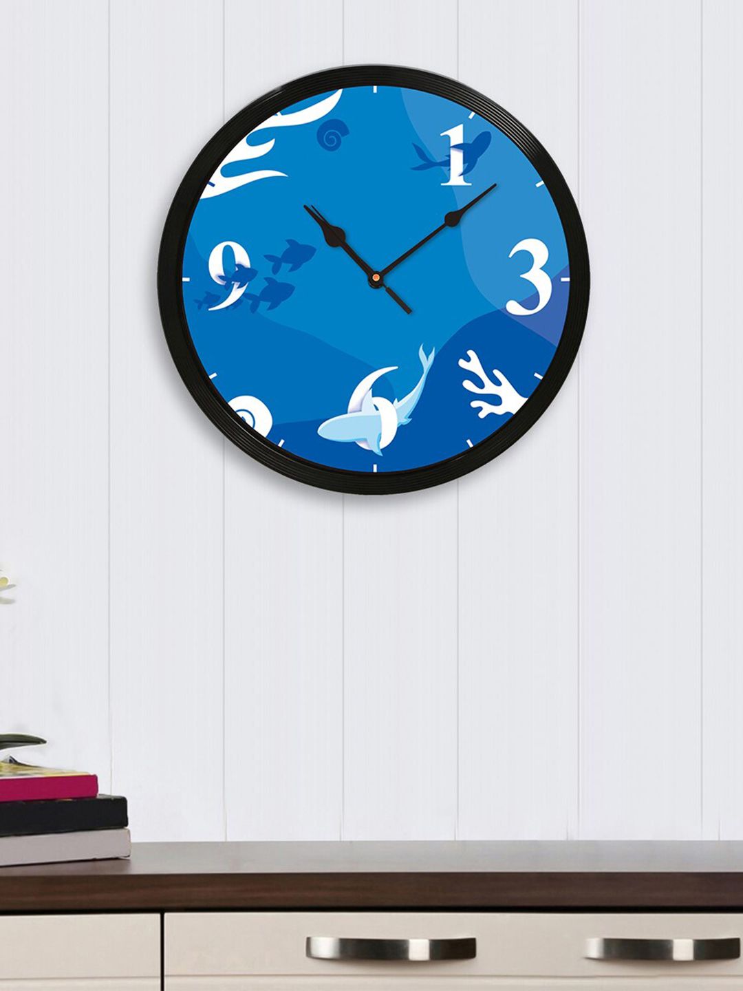 eCraftIndia Black & Blue Round Printed 31cm Analogue Wall Clock Price in India