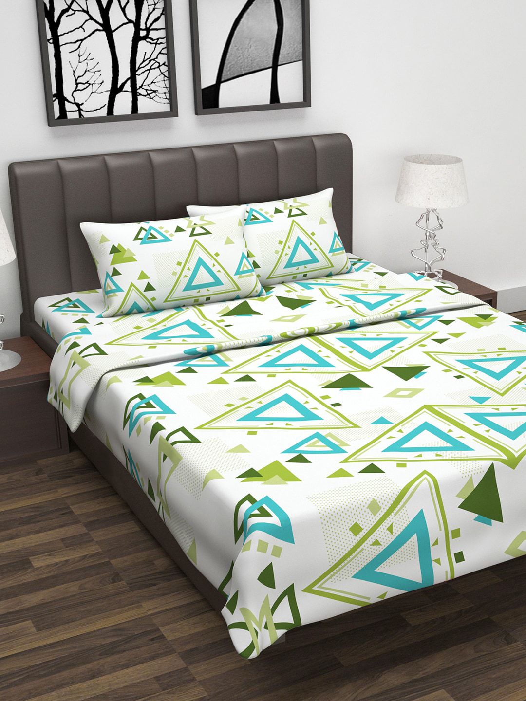 Divine Casa White & Green Geometric Printed Double Queen Bedsheet With 2 Pillow Covers & Dohar Price in India